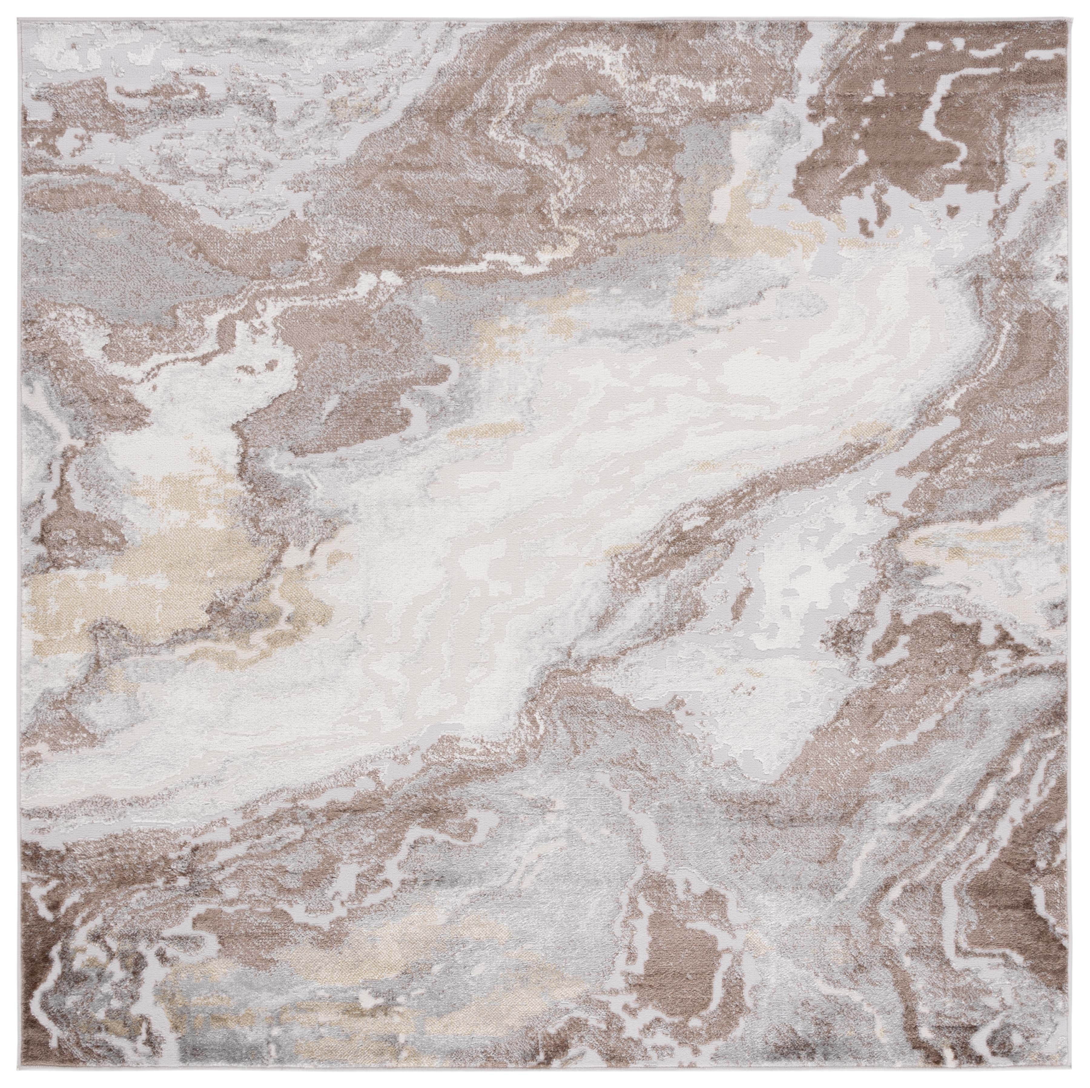 Beige and Brown Abstract Square Synthetic Area Rug