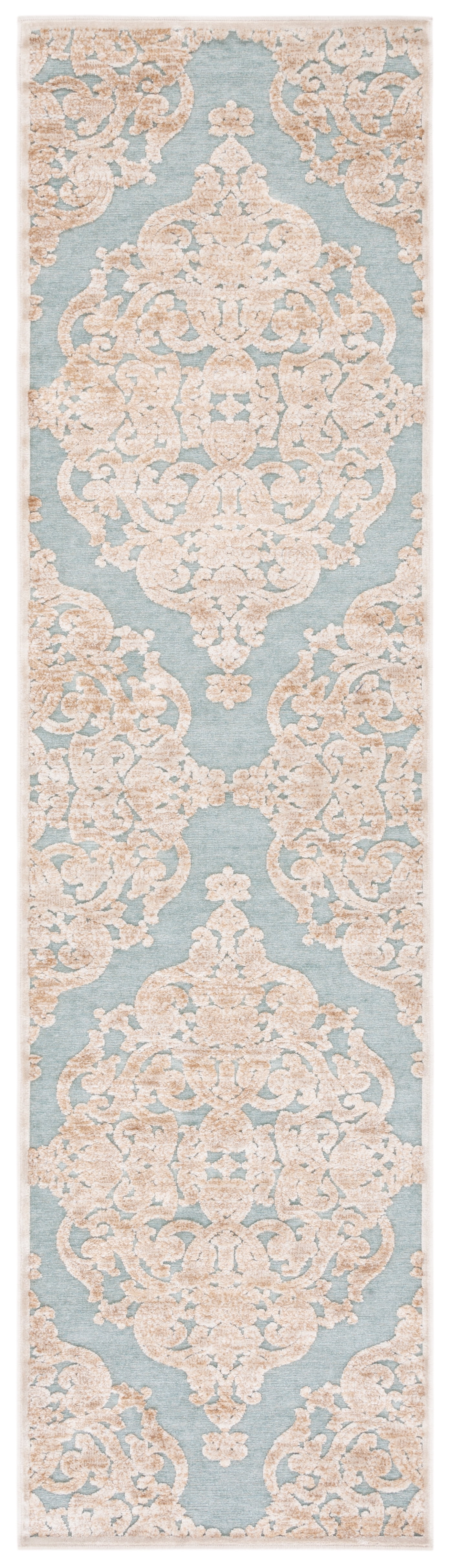 Stone and Aqua Hand-Knotted Viscose Runner Rug