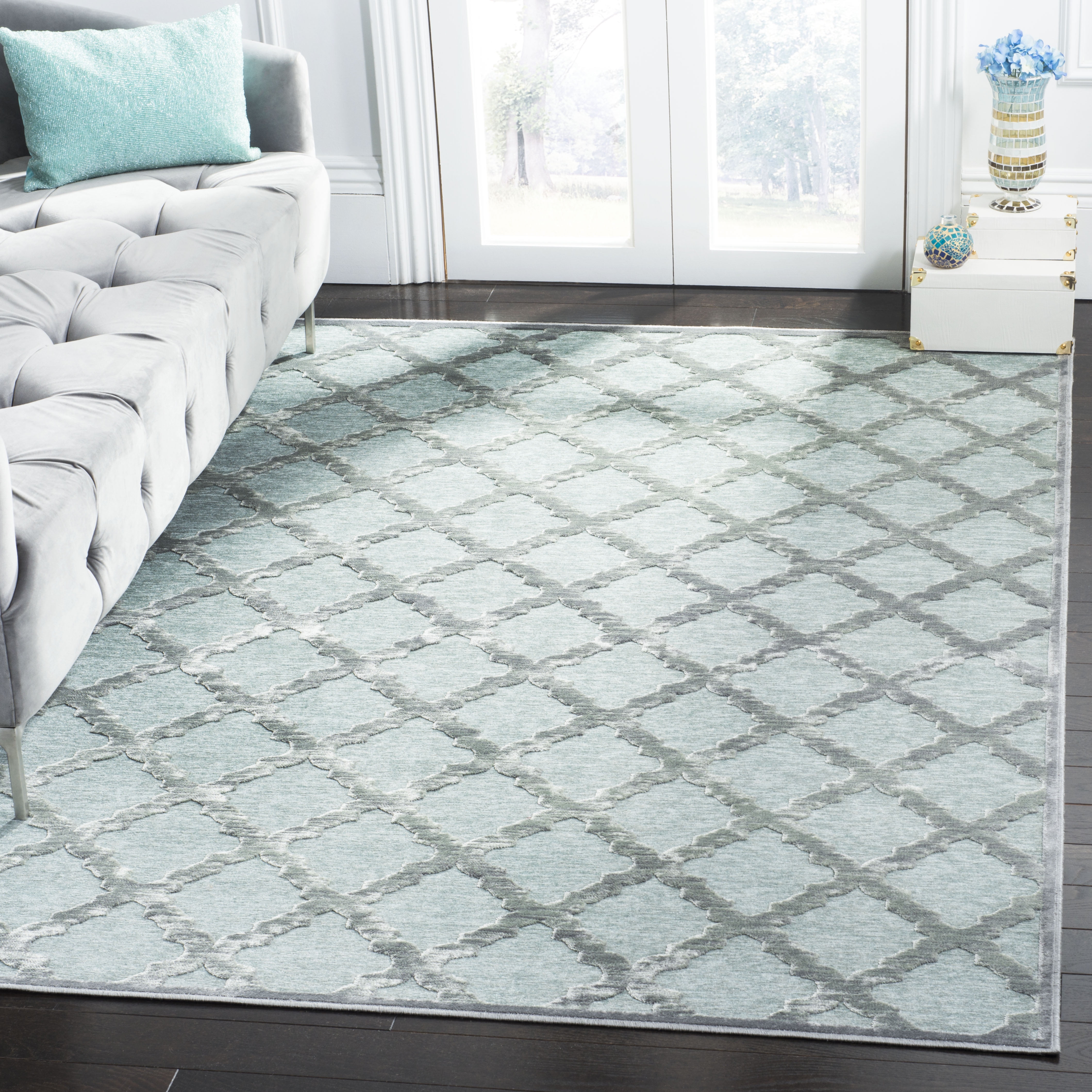 Grey and Spruce Rectangular Viscose Chenille Area Rug, 5' x 7'