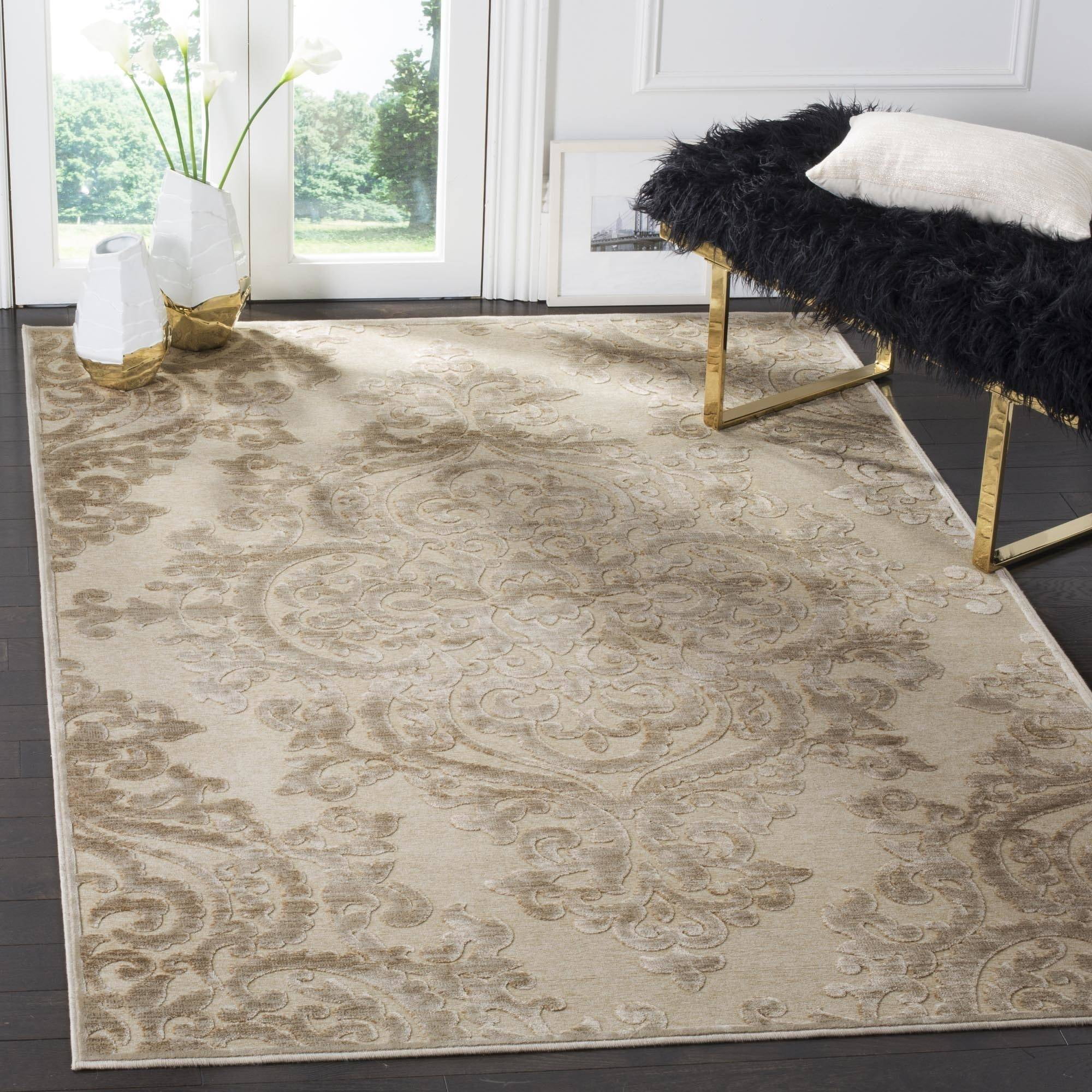 Stone and Beige Hand-Knotted Viscose Chenille Area Rug