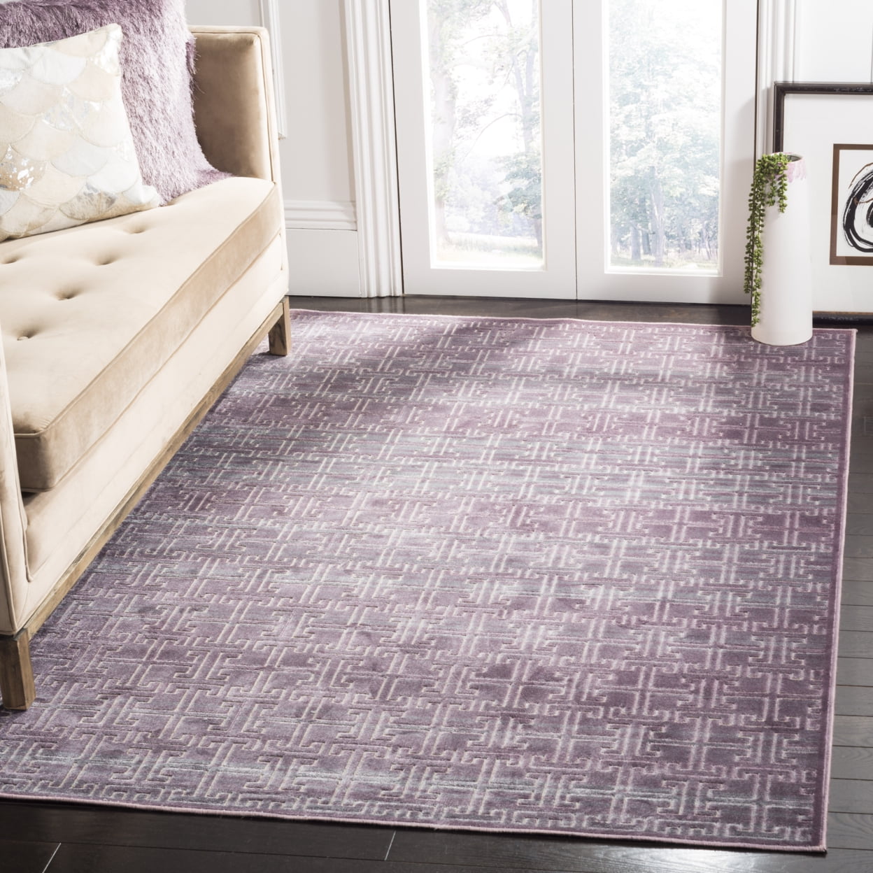 Mauve and Ivory Geometric Viscose Area Rug