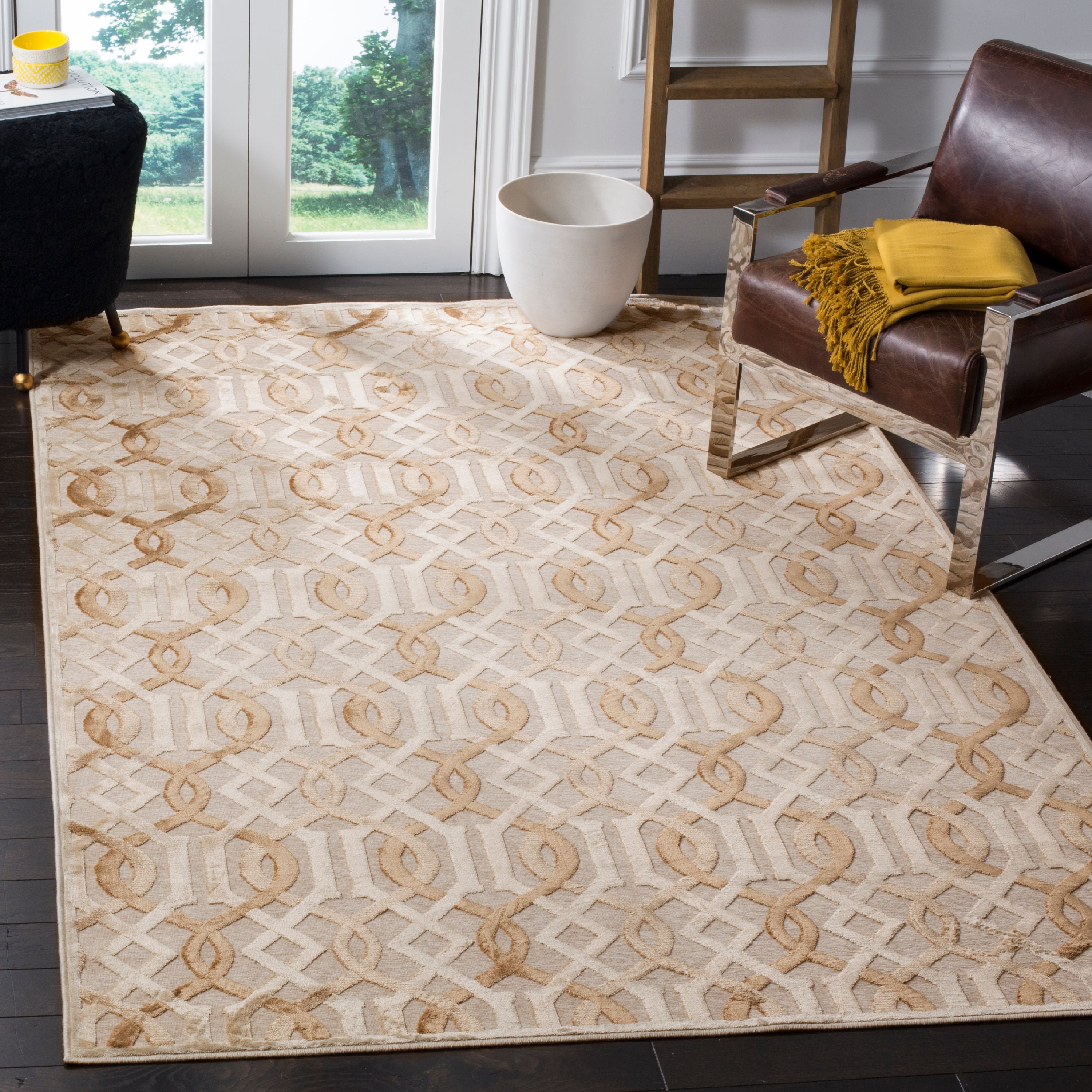 Cream Geometric Viscose Chenille Area Rug, 4' x 5'3"