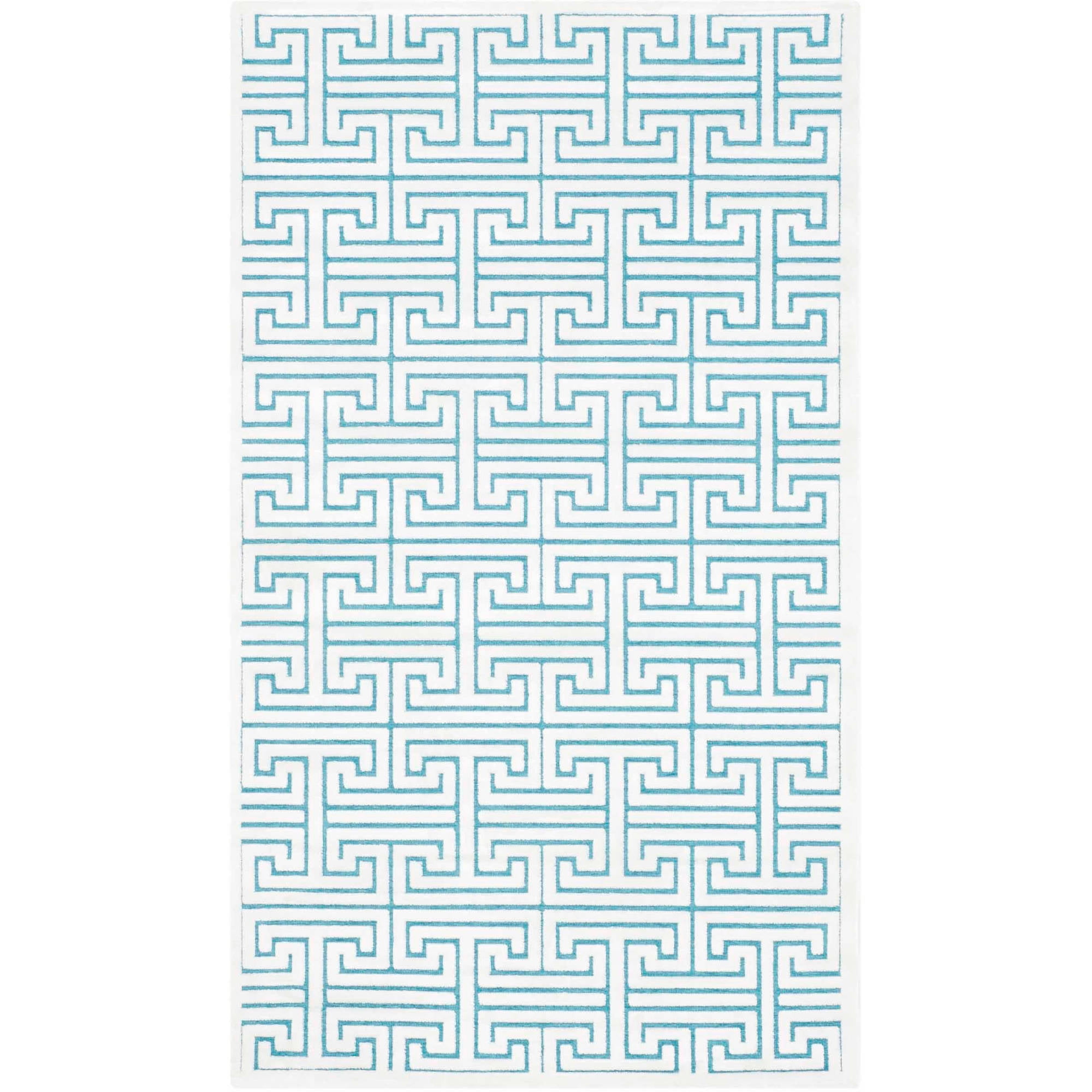 Ivory and Turquoise Geometric Wool and Viscose Area Rug, 3' x 5'