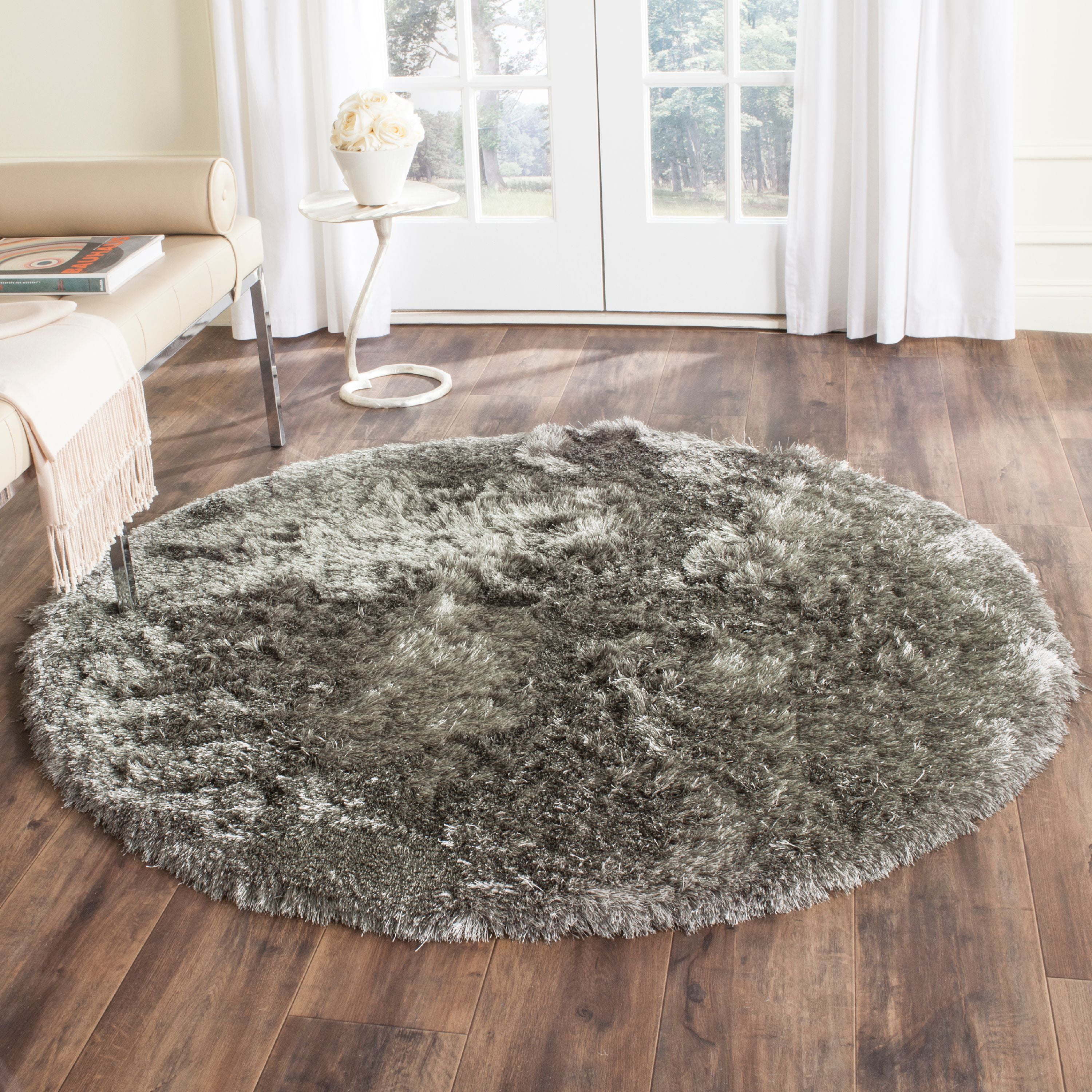Silver Round Hand-Tufted Shag Area Rug, 5' Synthetic
