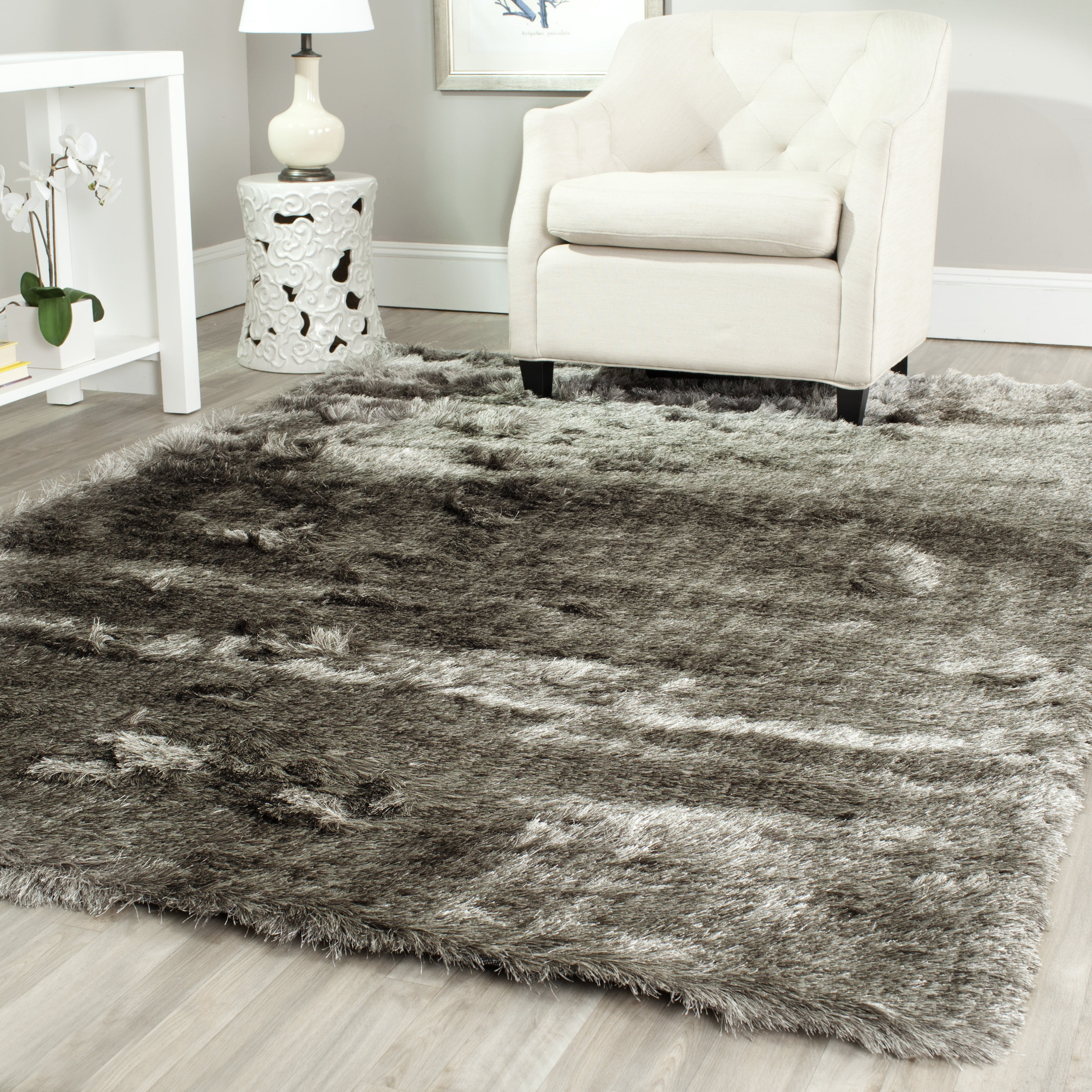 Silver Hand-Tufted Square Shag Area Rug