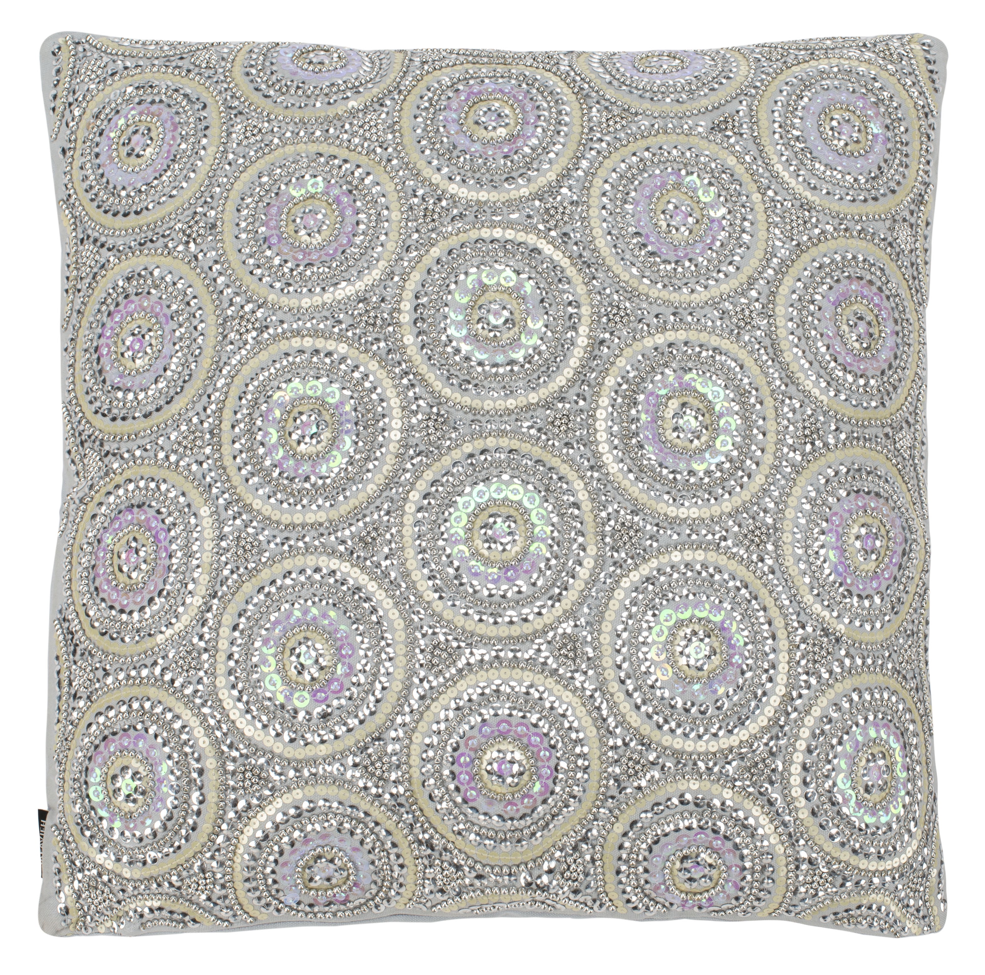 Beige and Silver Beaded 20" Square Throw Pillow