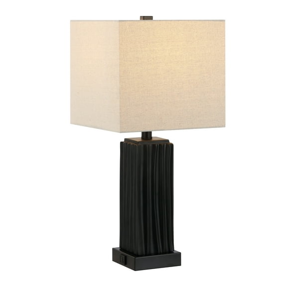 SAFAVIEH Park 24 in. Modern Black Resin USB Port Table Lamp with Oatmeal Linen Shade