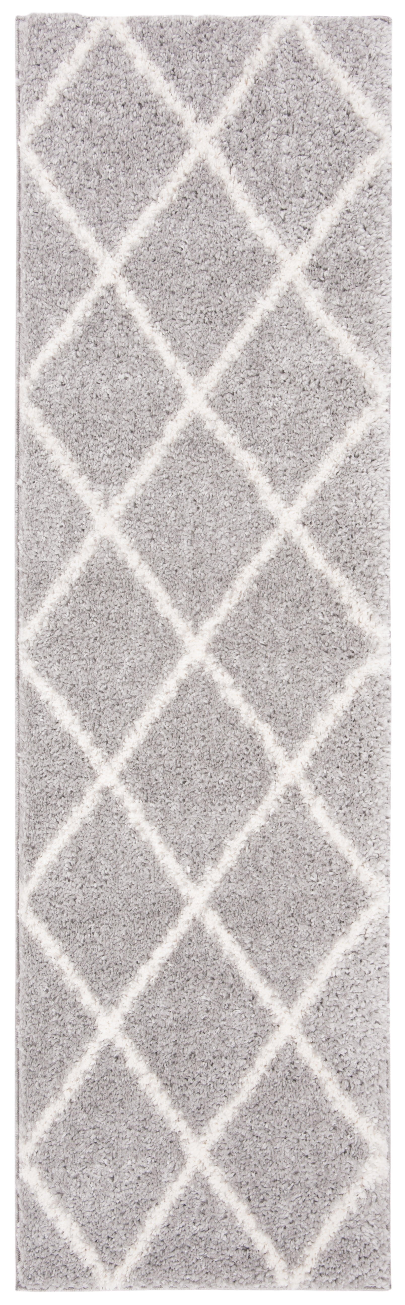Grey and Cream Geometric Shag Runner Rug, 2'3" x 11', Synthetic
