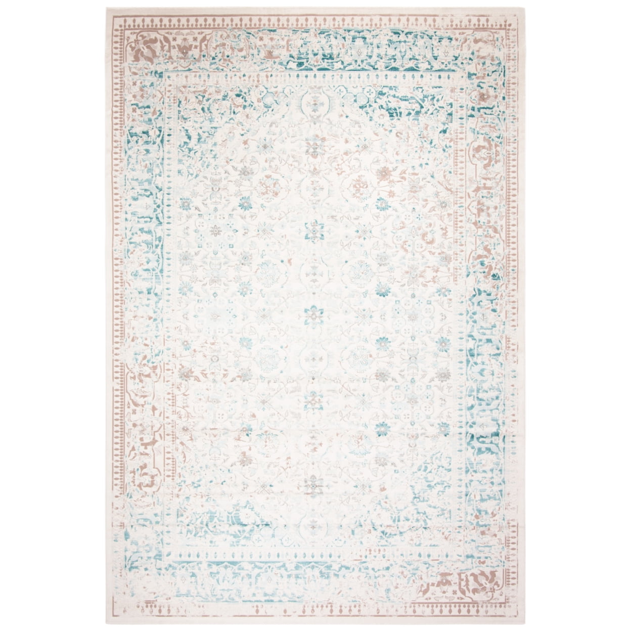 Ivory and Turquoise Hand-knotted Synthetic Rectangular Rug
