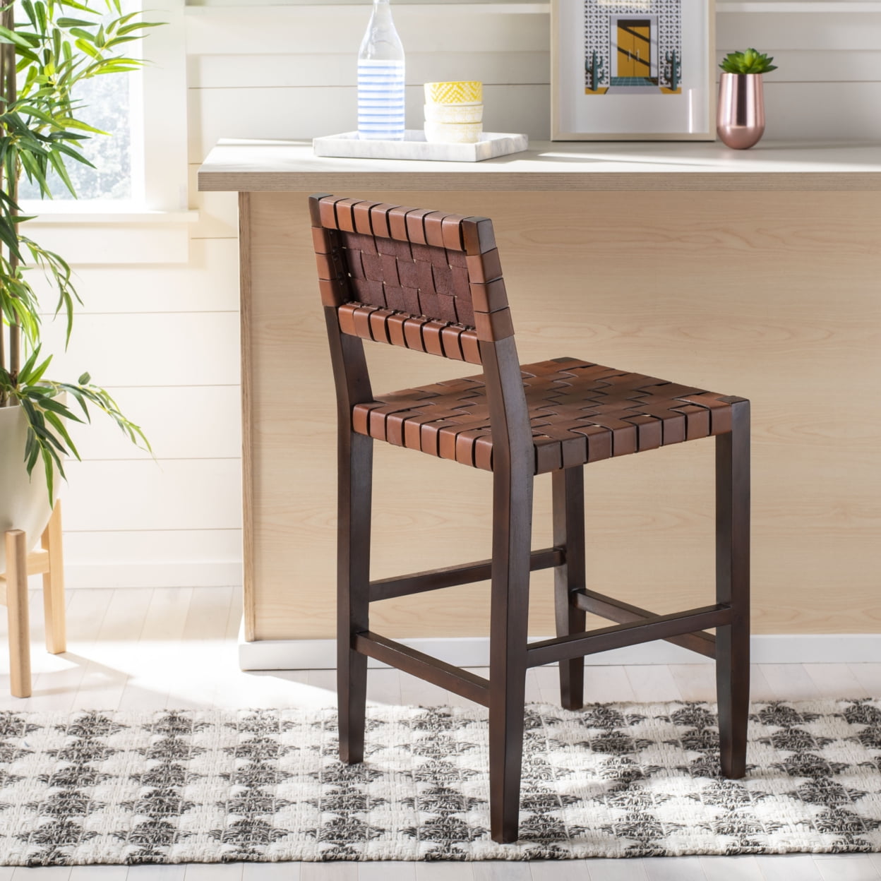 Cognac Woven Leather and Walnut Counter Stool