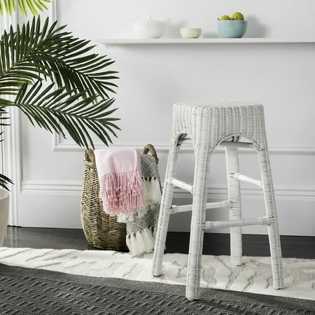 SAFAVIEH Percy 29" High Wicker Counterstool with Footrest, White Distress