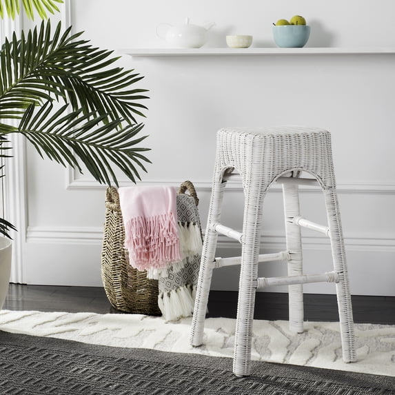 SAFAVIEH Percy 29" High Wicker Counterstool with Footrest, White Distress