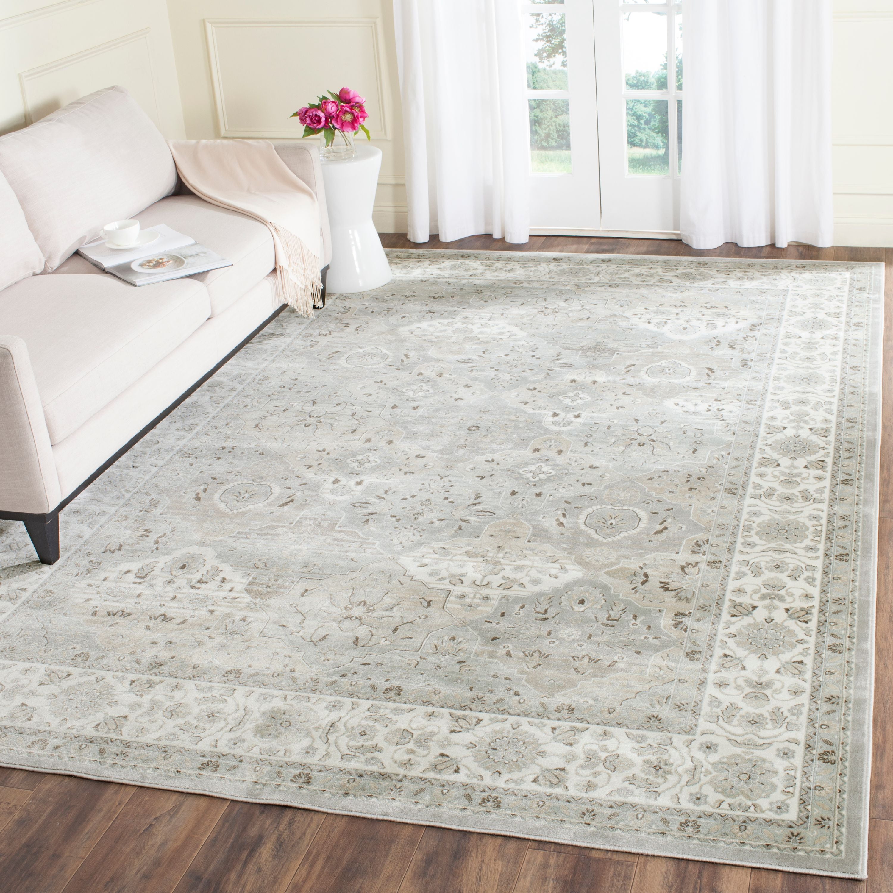 Silver and Ivory Rectangular Wool and Viscose Area Rug, 8' x 10'