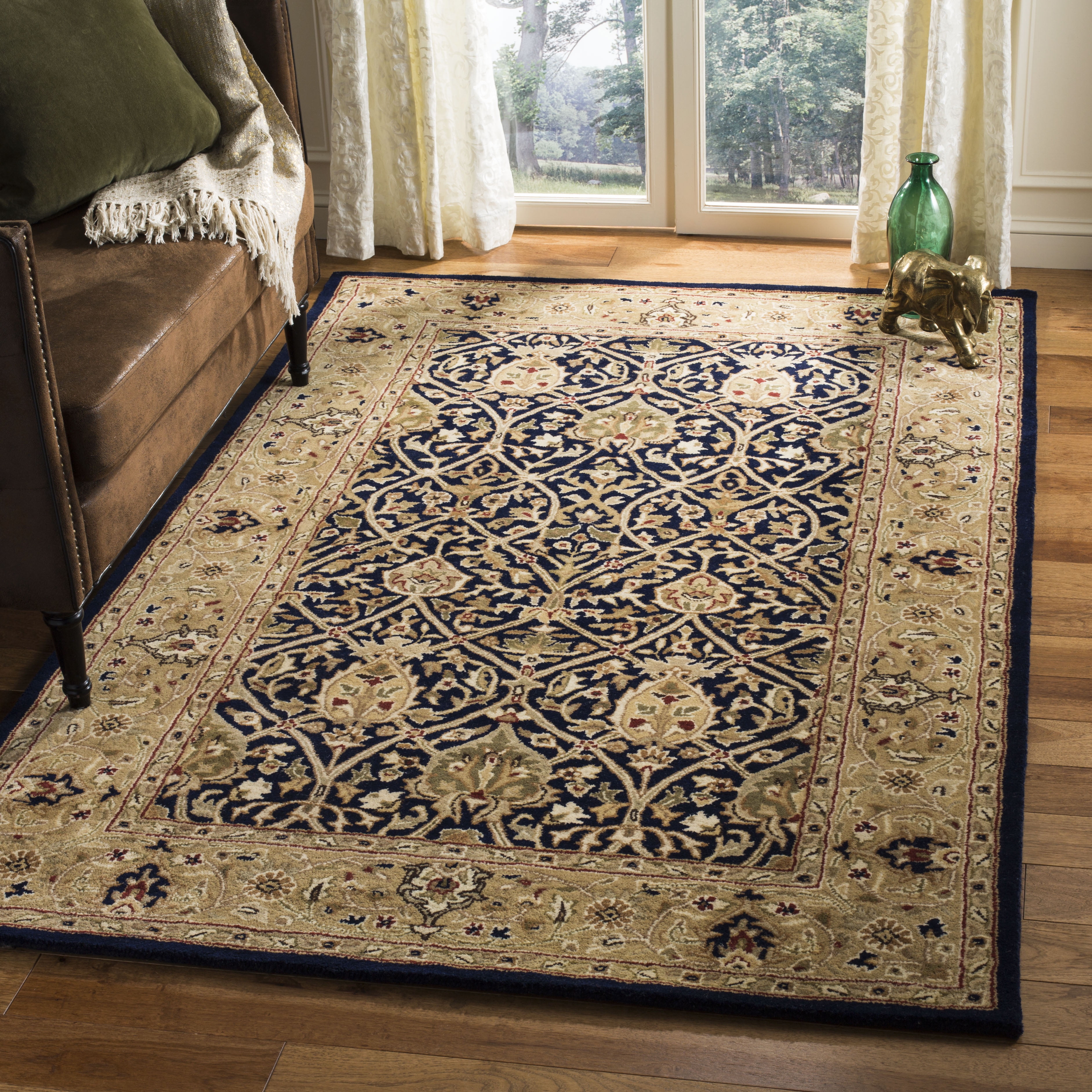 Elegant Persian-Inspired Hand-Tufted Wool Rug in Blue and Gold