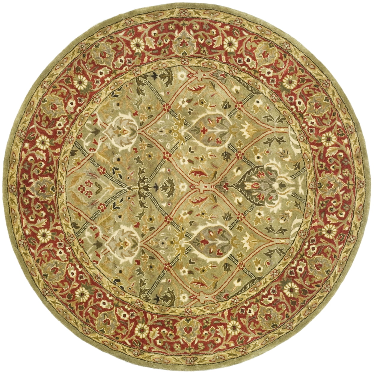 Round Light Green and Rust Wool Tufted Area Rug
