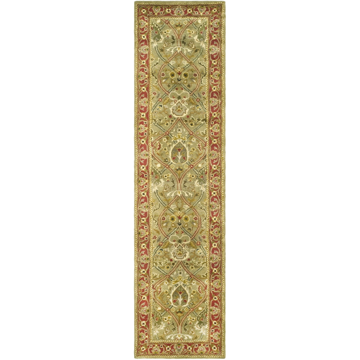 Handmade Light Green and Rust Wool Runner Rug