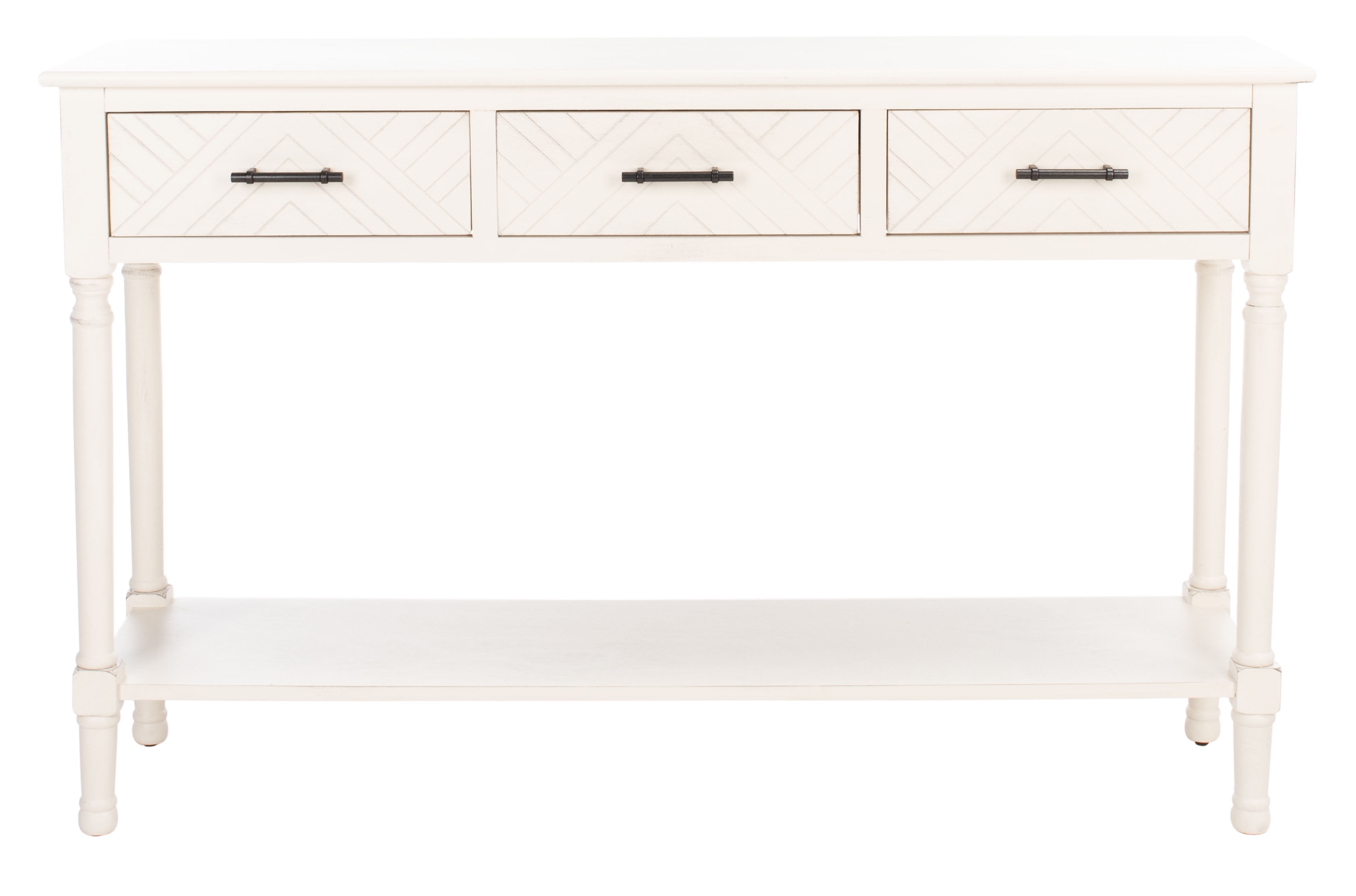 Distressed White Wooden Console Table with 3 Drawers and Storage Shelf