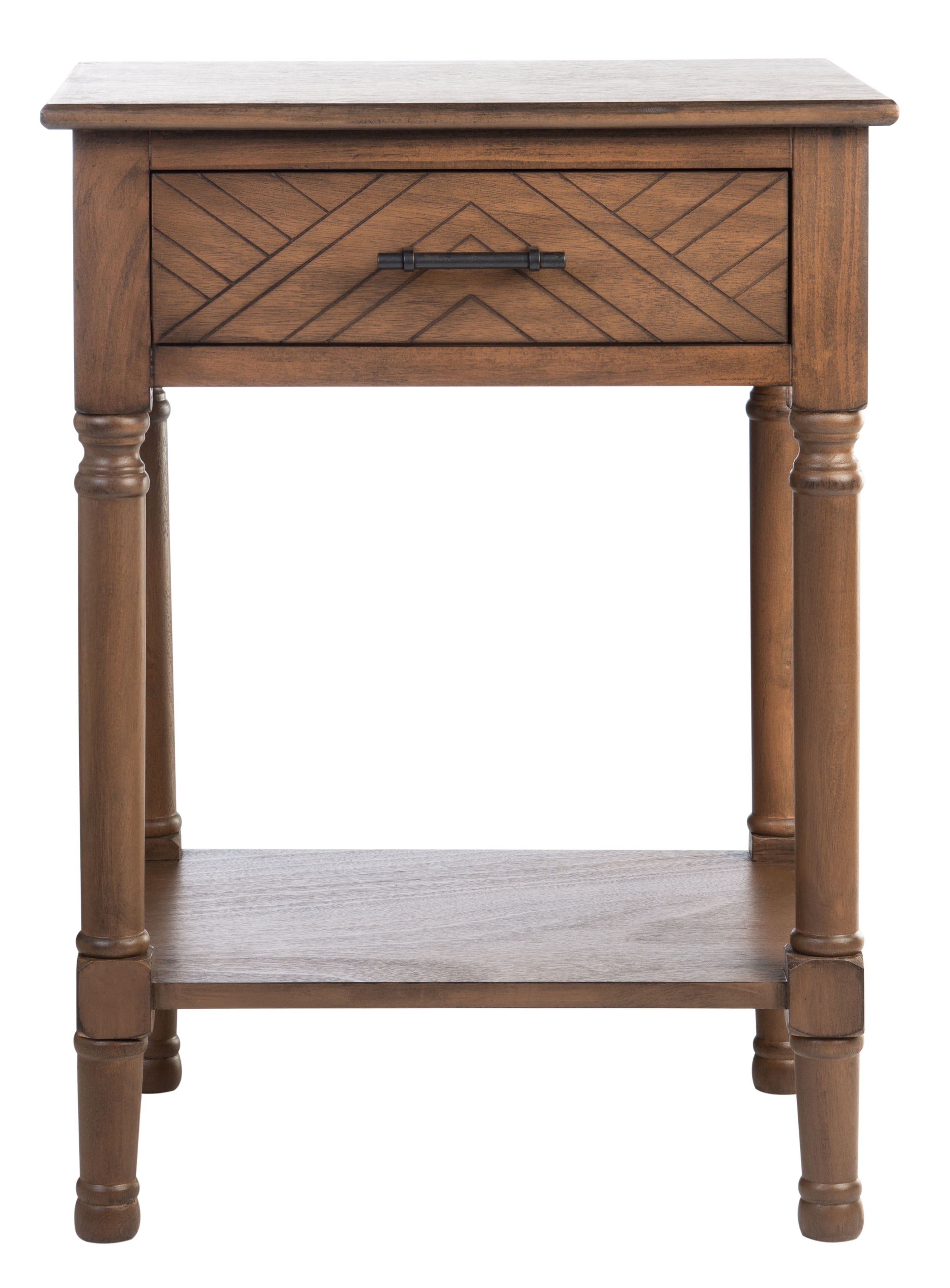Peyton French Brown Wood Storage End Table with Herringbone Drawer