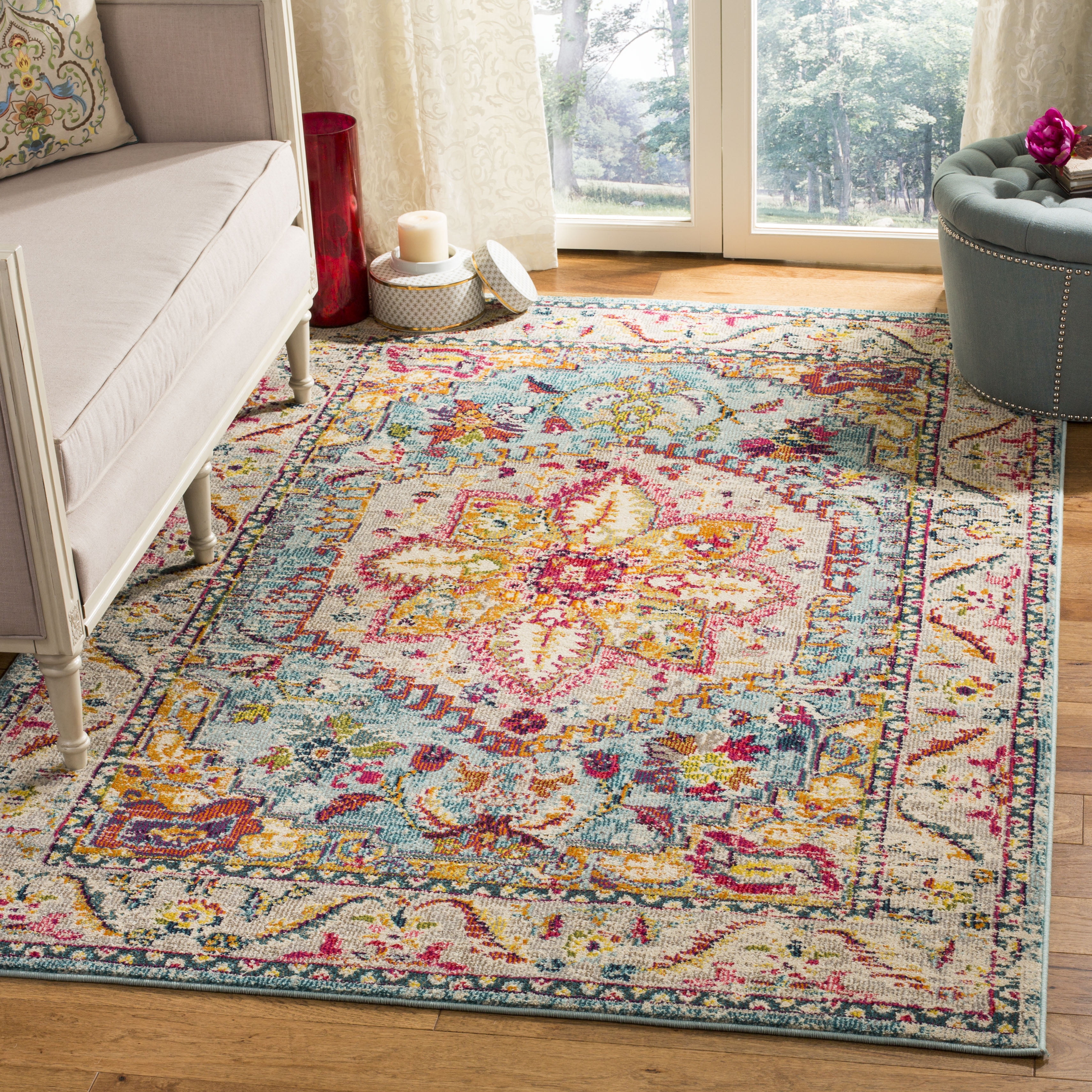 Turquoise and Beige Medallion Synthetic 4' x 6' Area Rug