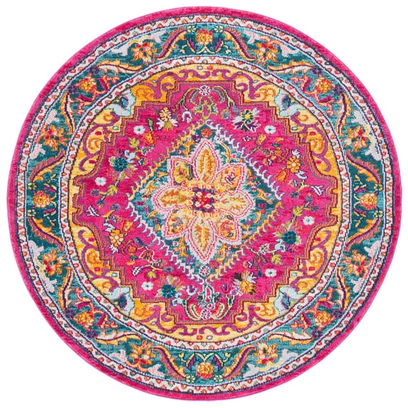SAFAVIEH Phoenix Brooklyn Bordered Area Rug, Fuchsia/Blue, 6'7" x 6'7" Round