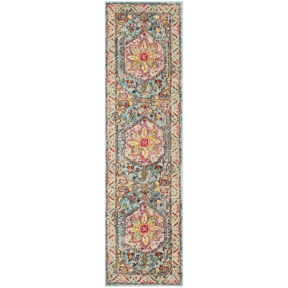 SAFAVIEH Phoenix Brooklyn Bordered Runner Rug, Turquoise/Beige, 2'3" x 22'