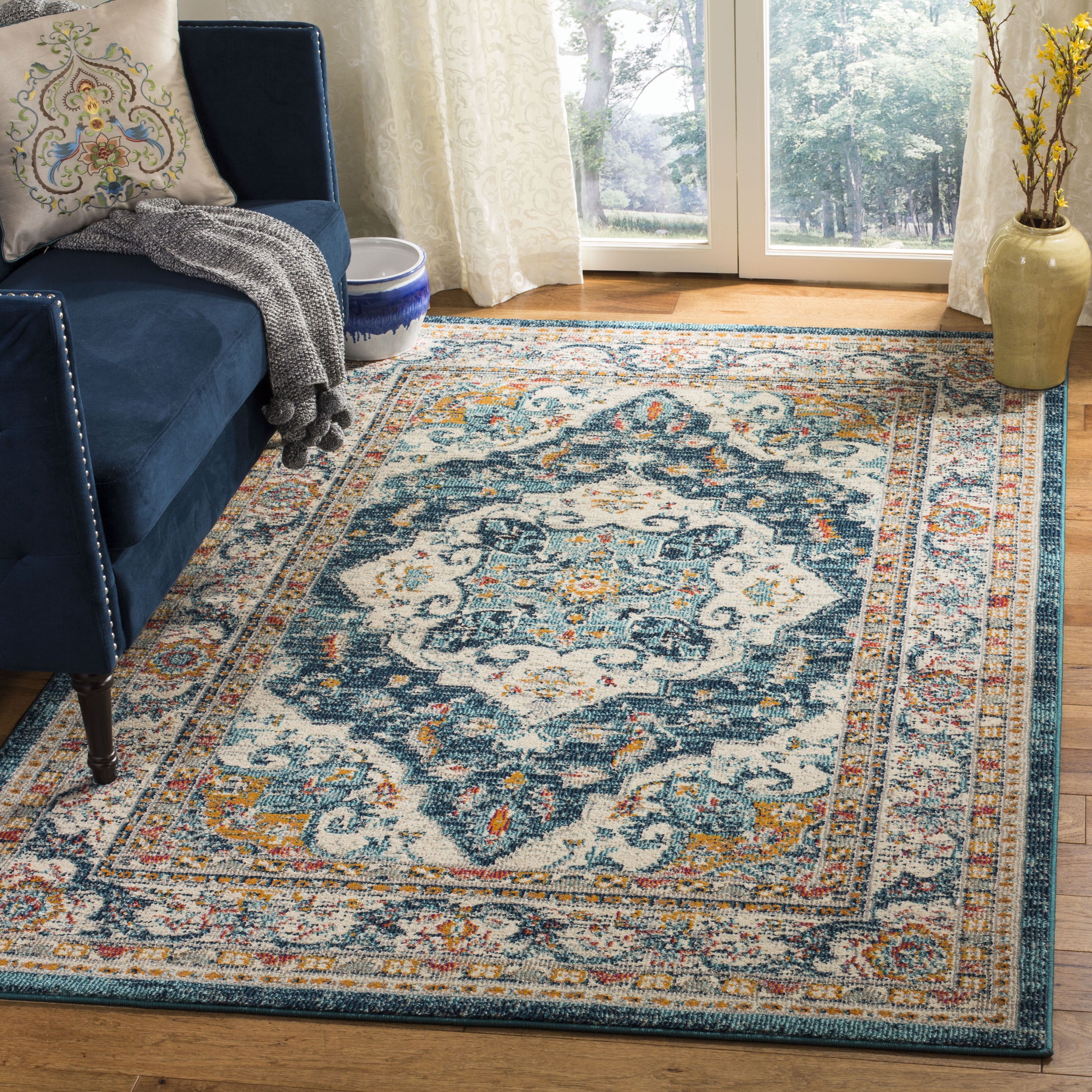 Ivory Medallion Hand-Knotted Rectangular Synthetic Area Rug