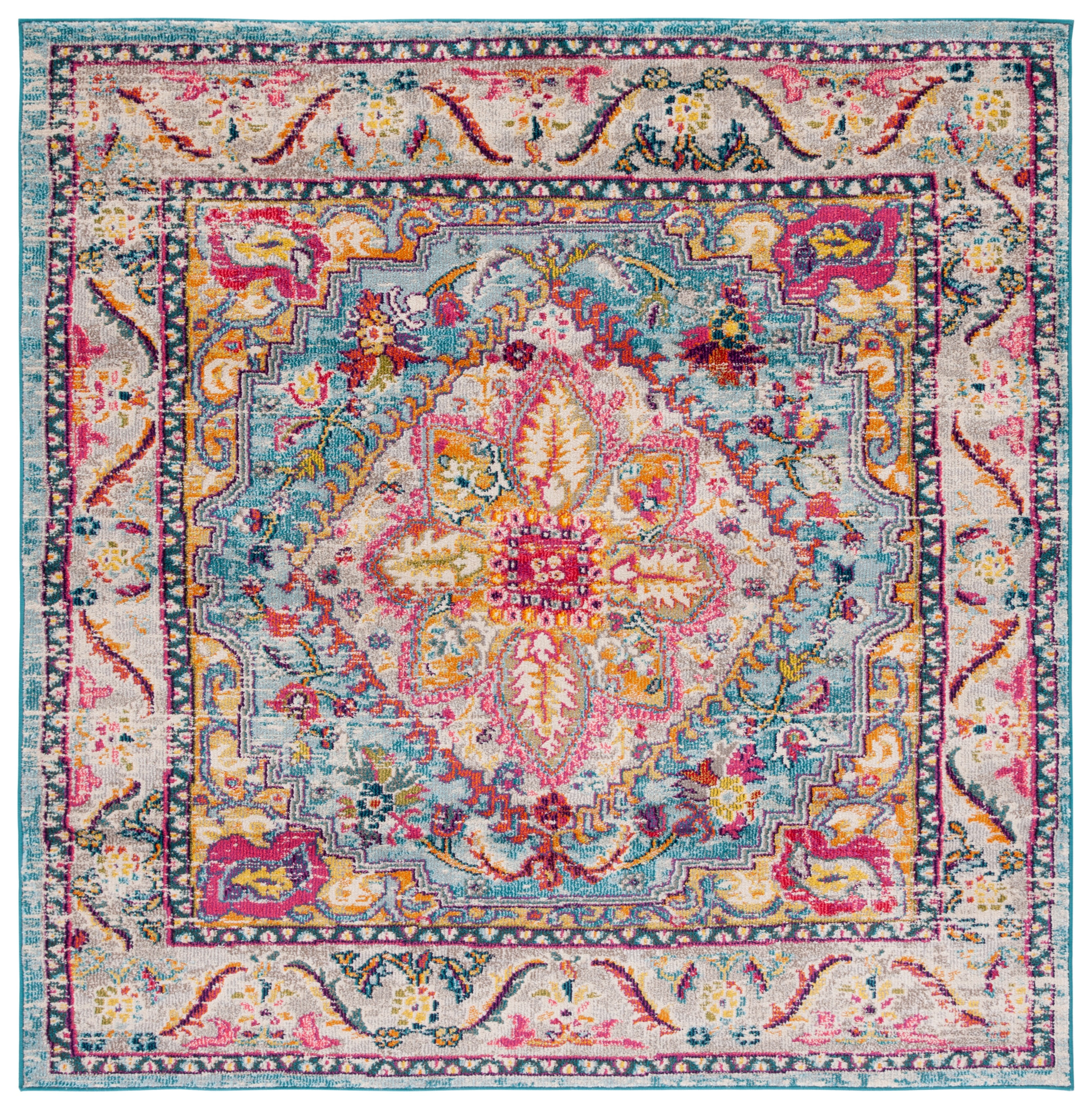 Phoenix Turquoise and Beige Square Medallion Area Rug