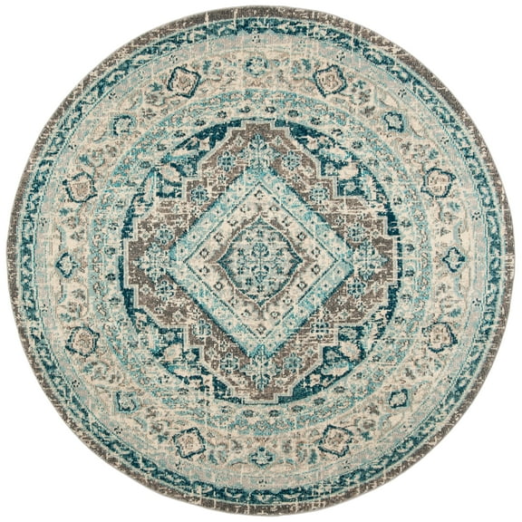 SAFAVIEH Phoenix Phylliss Bordered Area Rug, Grey/Blue, 6'7" x 6'7" Round