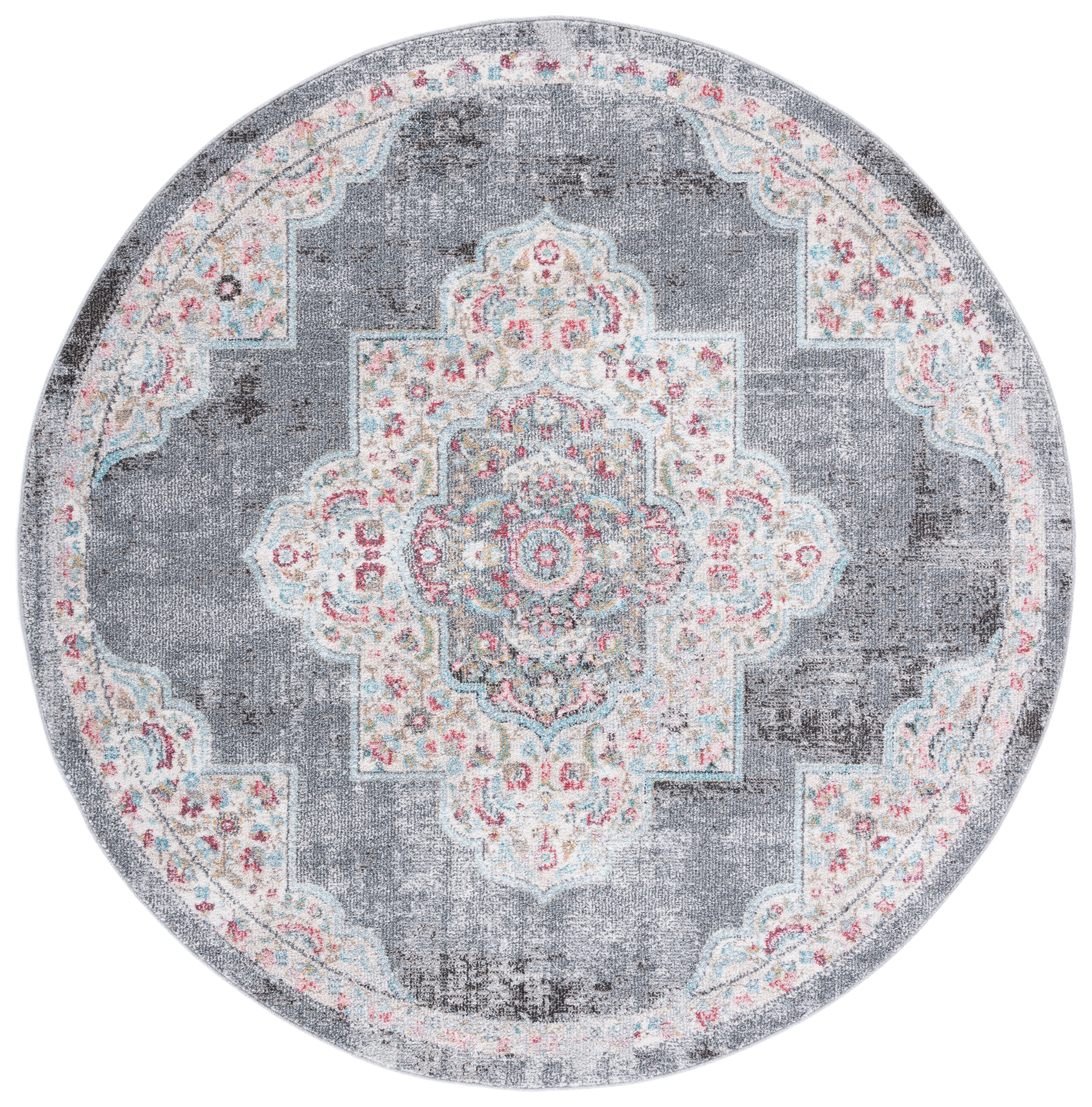 Grey and Ivory Round Medallion Synthetic Rug, 6'7"