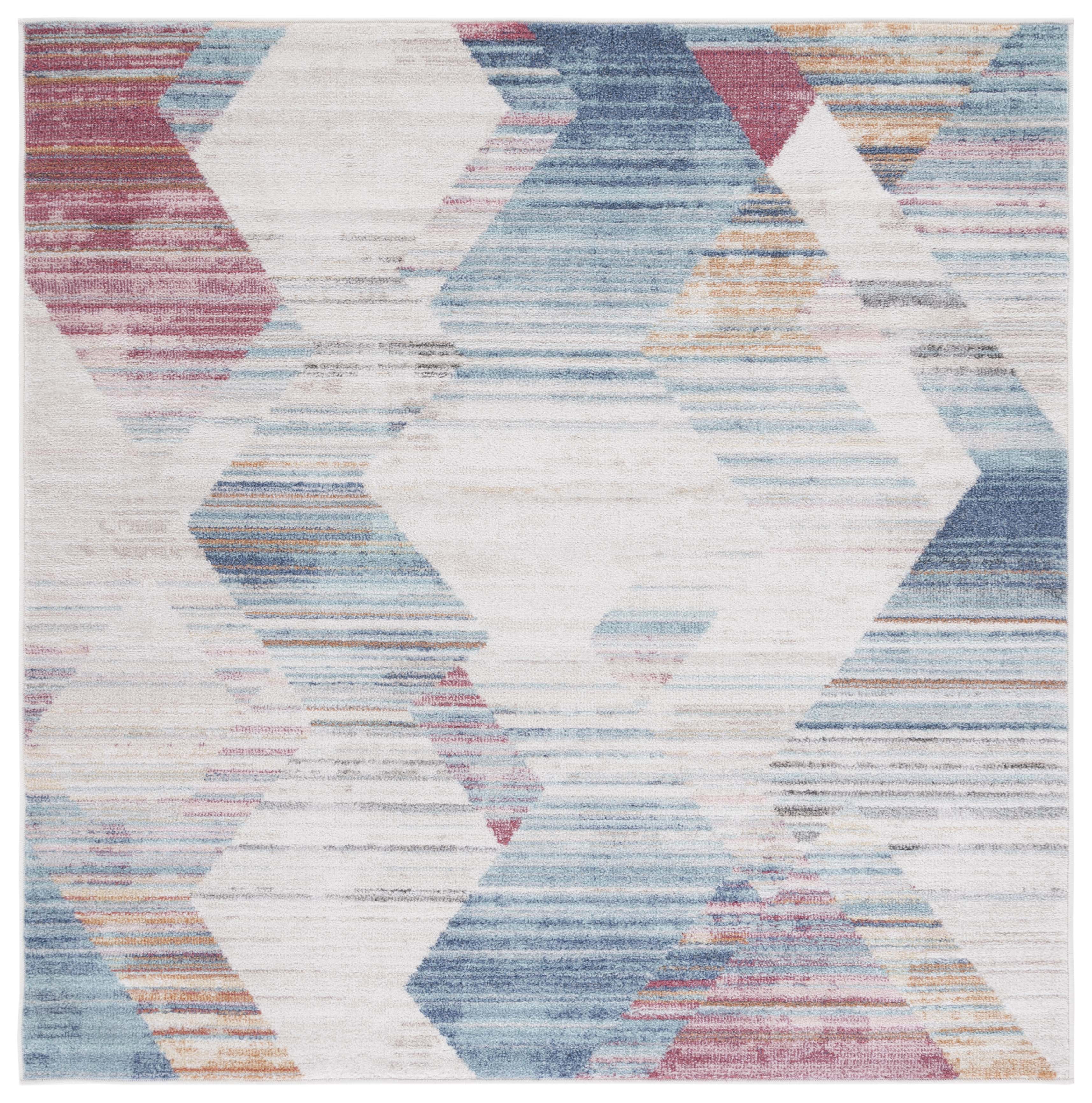 Ivory and Blue Geometric Medallion Synthetic Square Rug