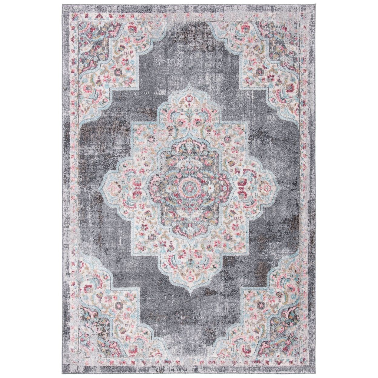 Grey and Ivory Round Medallion Synthetic Rug, 6'7"