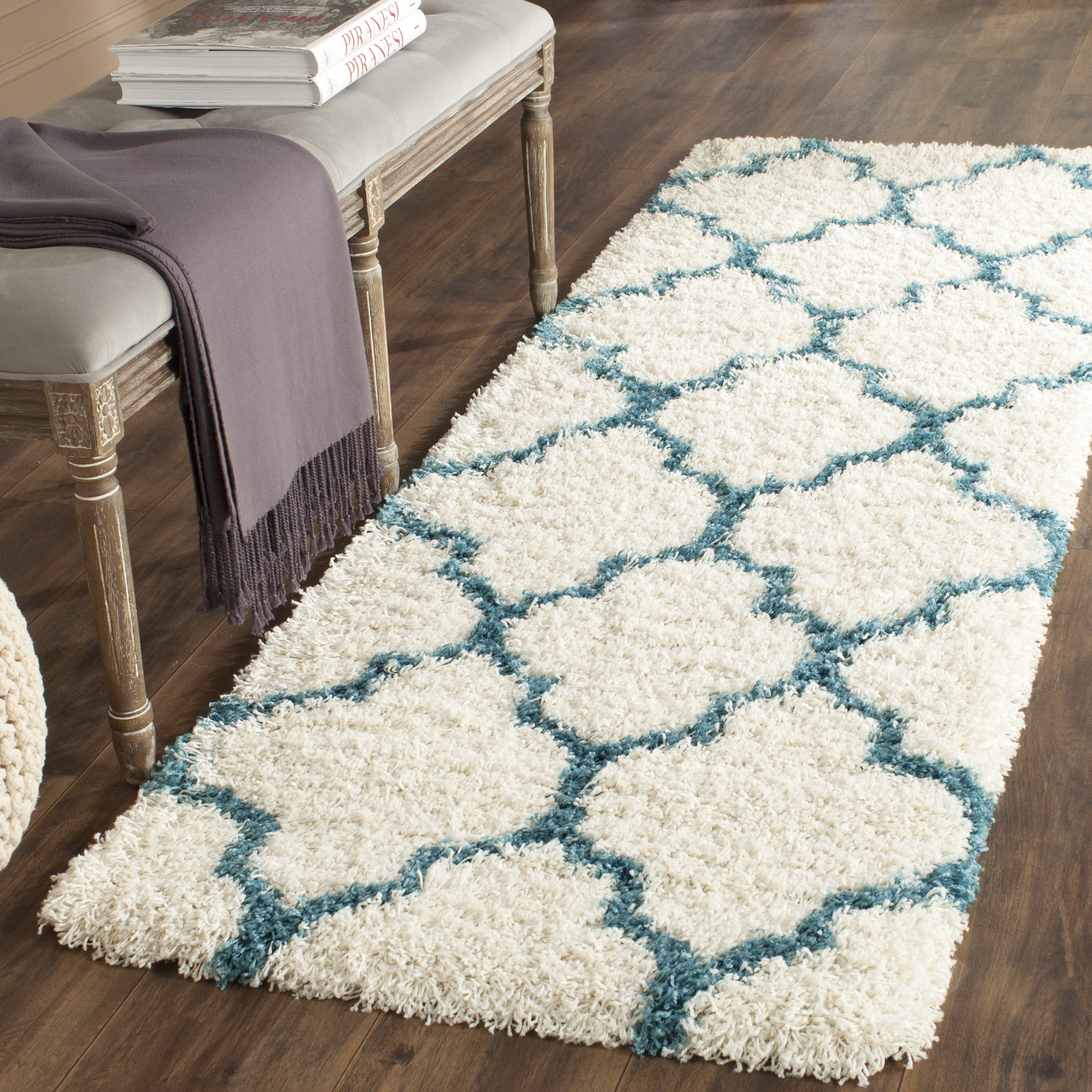 Ivory and Blue High Pile Shag Kids Area Rug