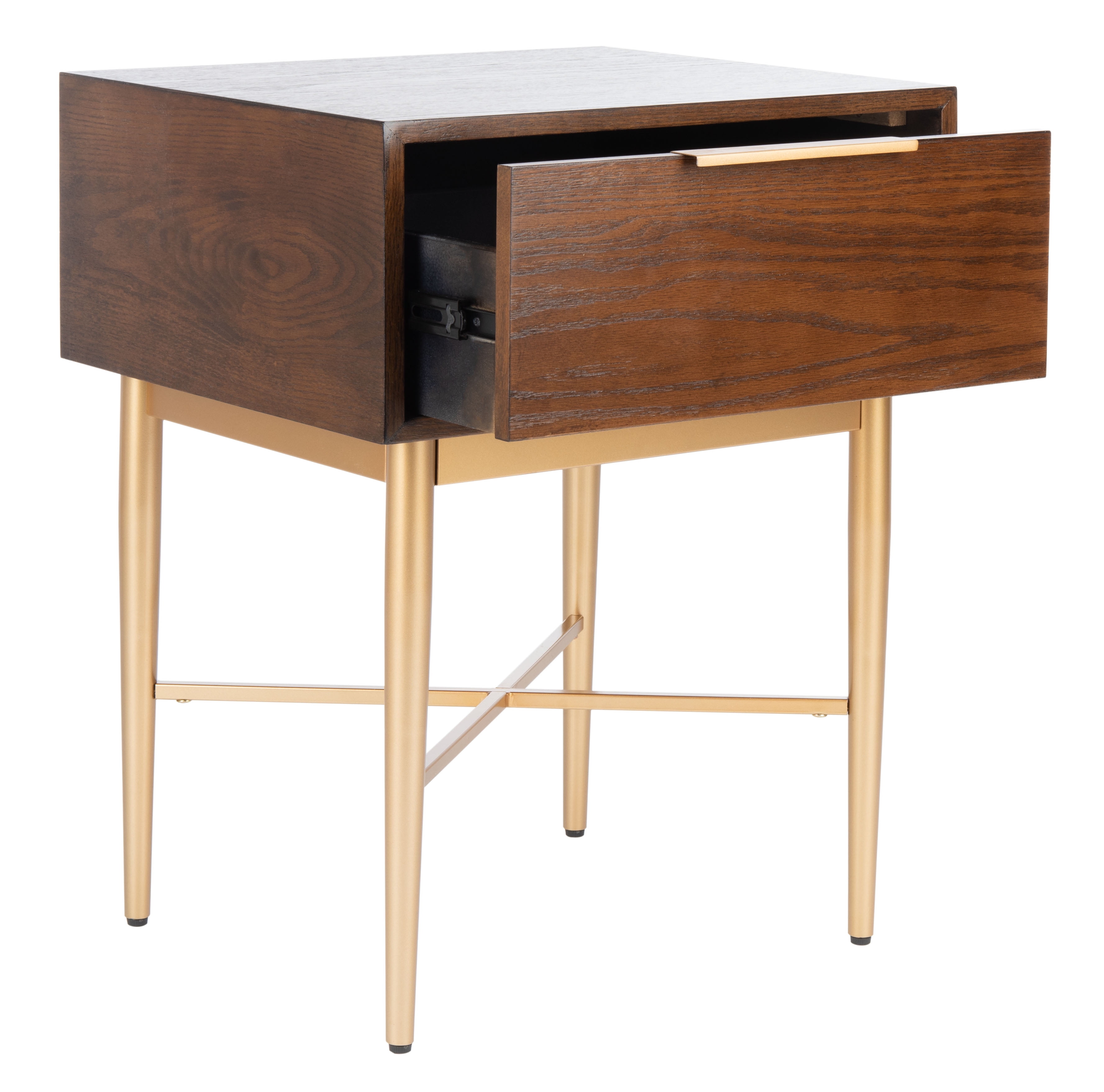 Pierre Sleek Gold Metal and Walnut One Drawer Nightstand