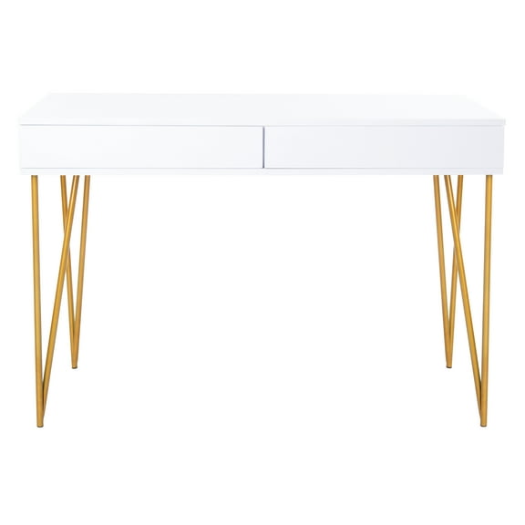 SAFAVIEH Pine Mid-Century 2 Drawer Desk, White/Gold