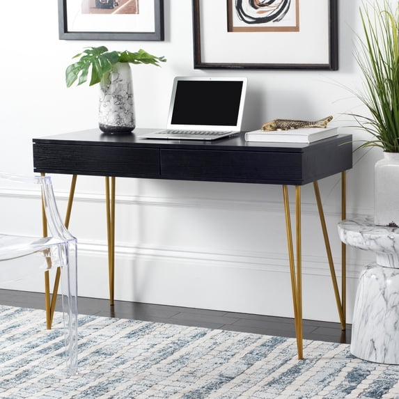 SAFAVIEH Pine Solid Mid-Century 2 Drawer Desk, Black/Gold