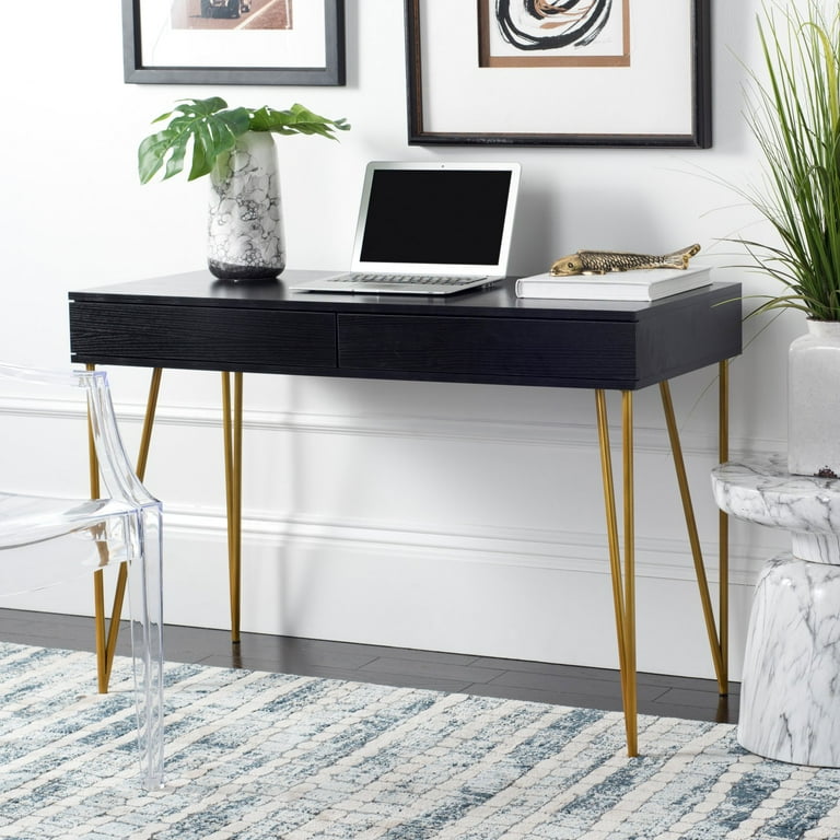 Free Shipping SAFAVIEH Pine Solid Mid Century 2 Drawer Desk Black Gold Walmart