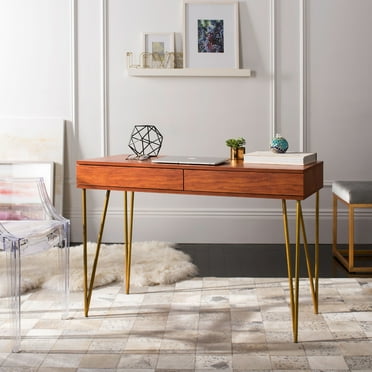 SAFAVIEH Pine Solid Mid-Century 2 Drawer Desk, Natural/Gold