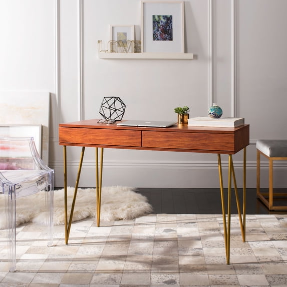 SAFAVIEH Pine Solid Mid-Century 2 Drawer Desk, Natural/Gold