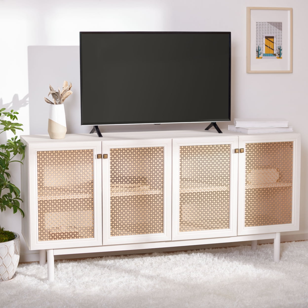 White and Gold 64" Media Stand with Cabinet and Shelves