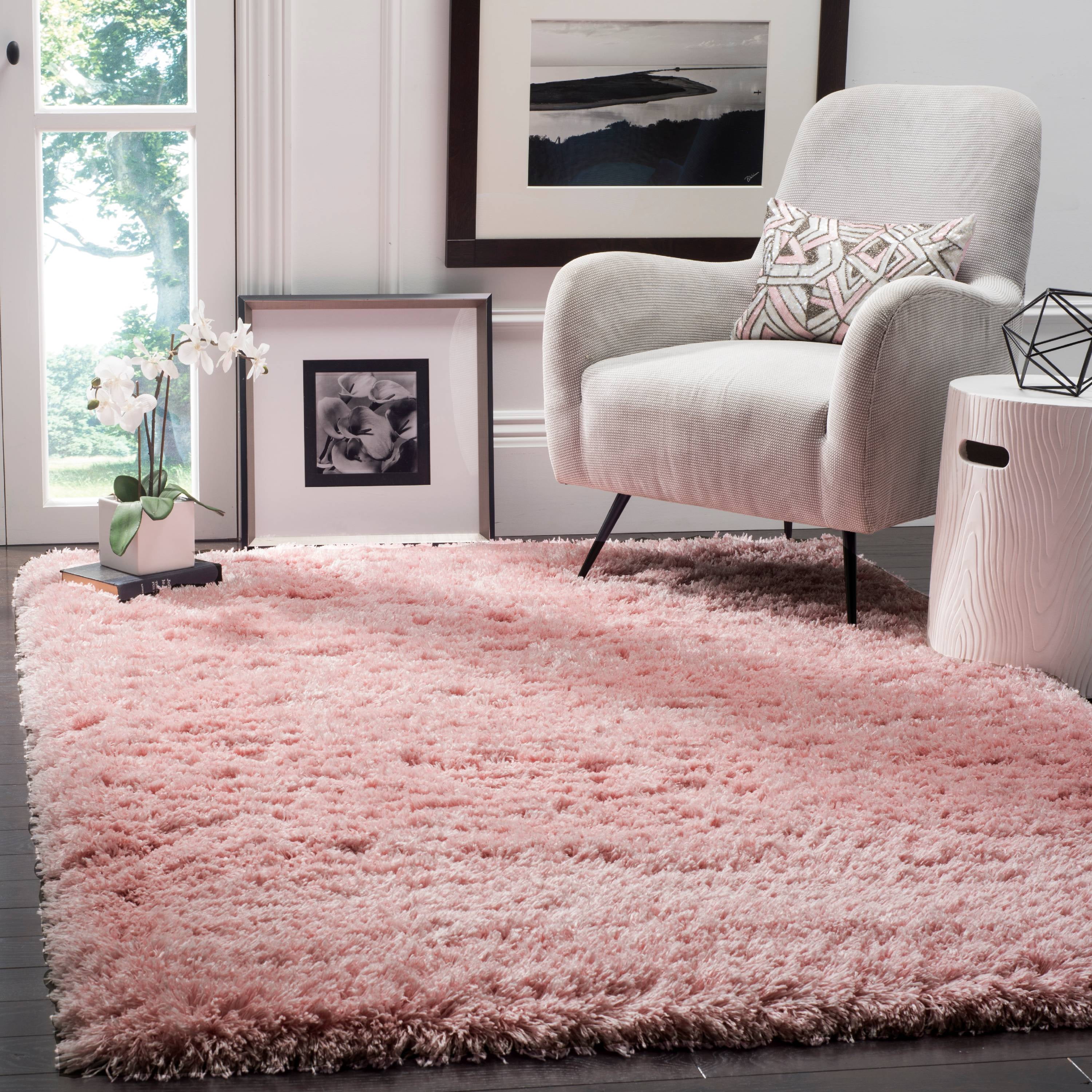Light Pink Hand-knotted Synthetic Shag Rug, 5'1" Square