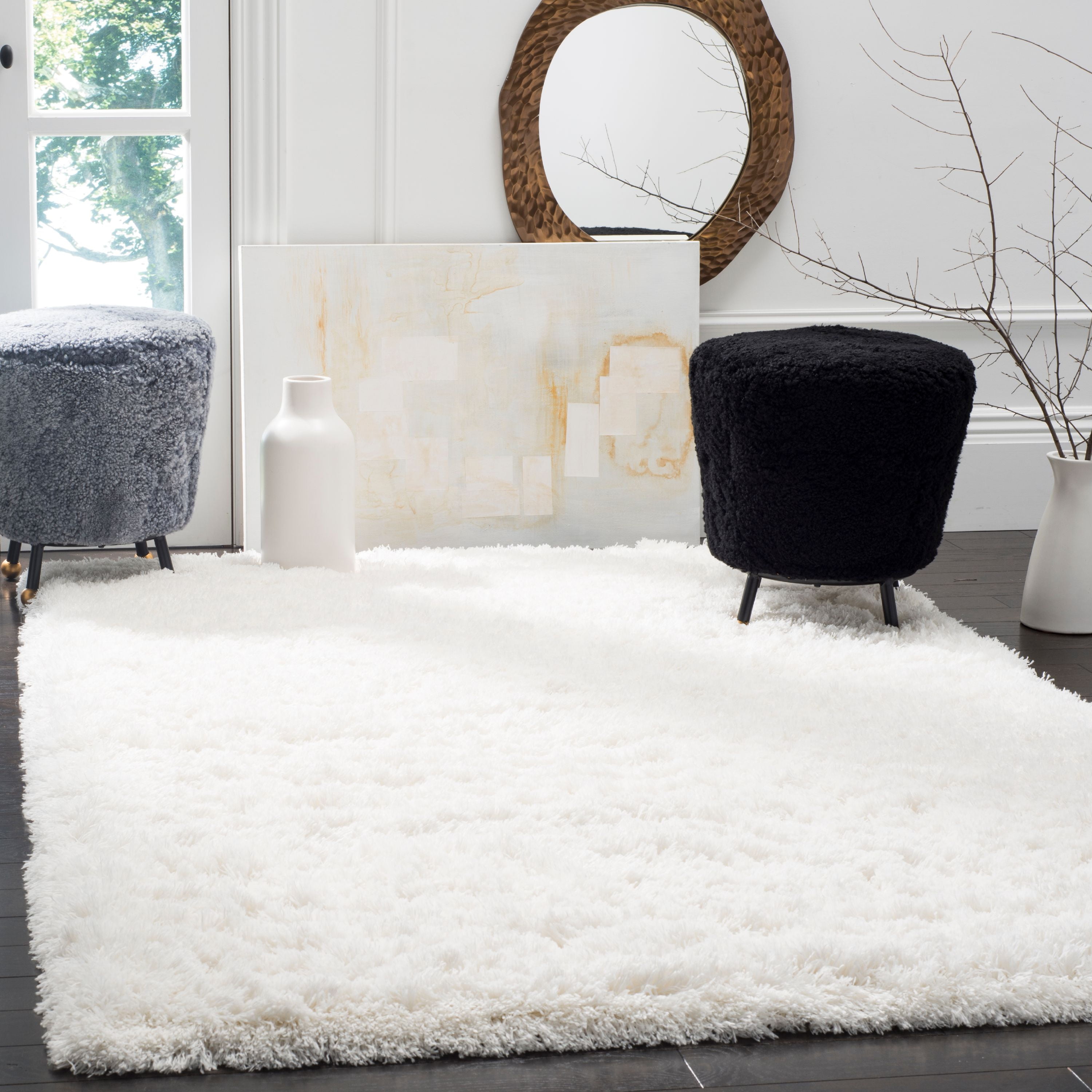 Polar Shag 4' Square White Synthetic Area Rug