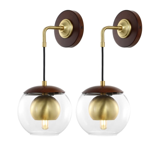 SAFAVIEH Poloma LED Dark Walnut Iron Wall Sconce with Shade, Set of 2