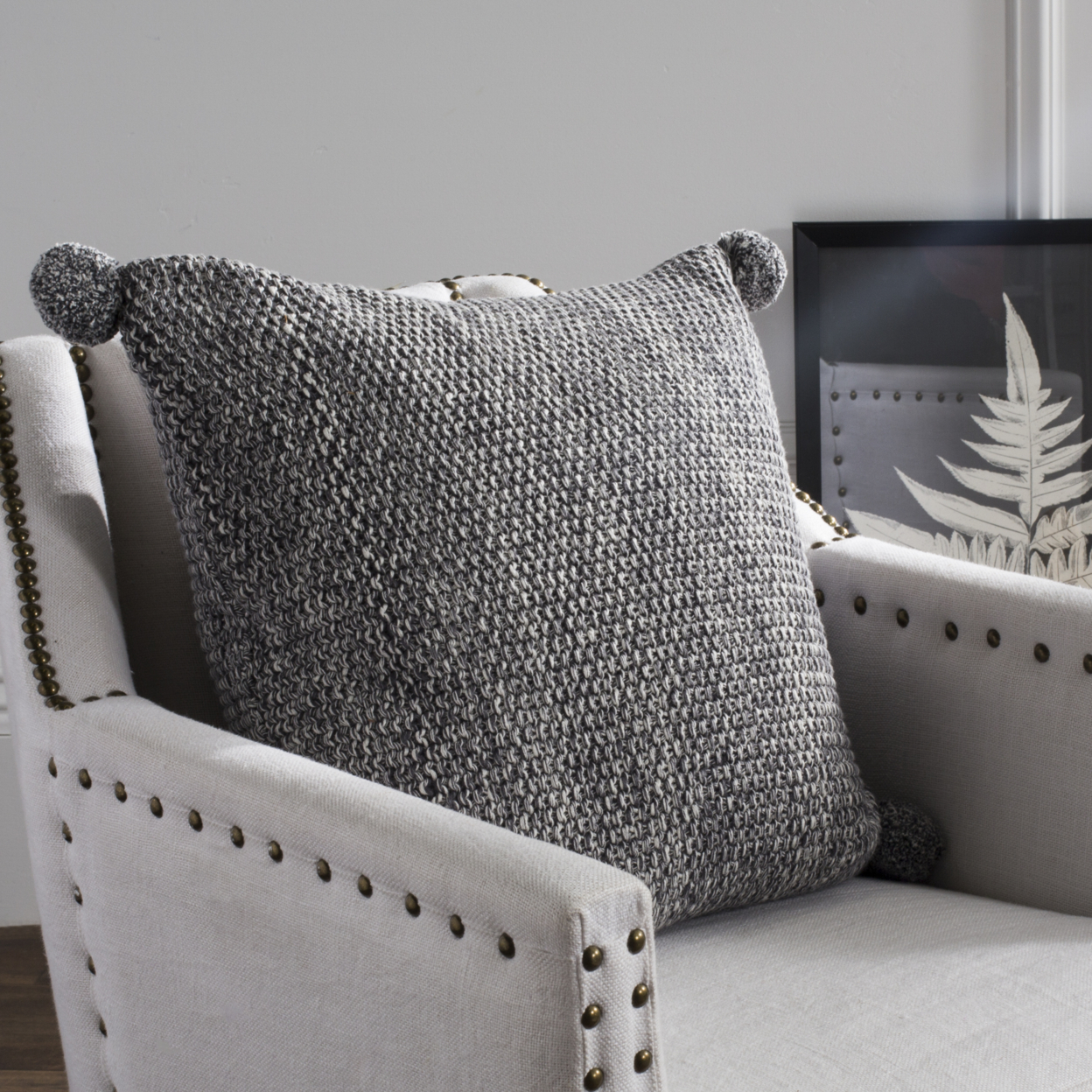 Beige and Gray Pom Pom Knit Square Pillow