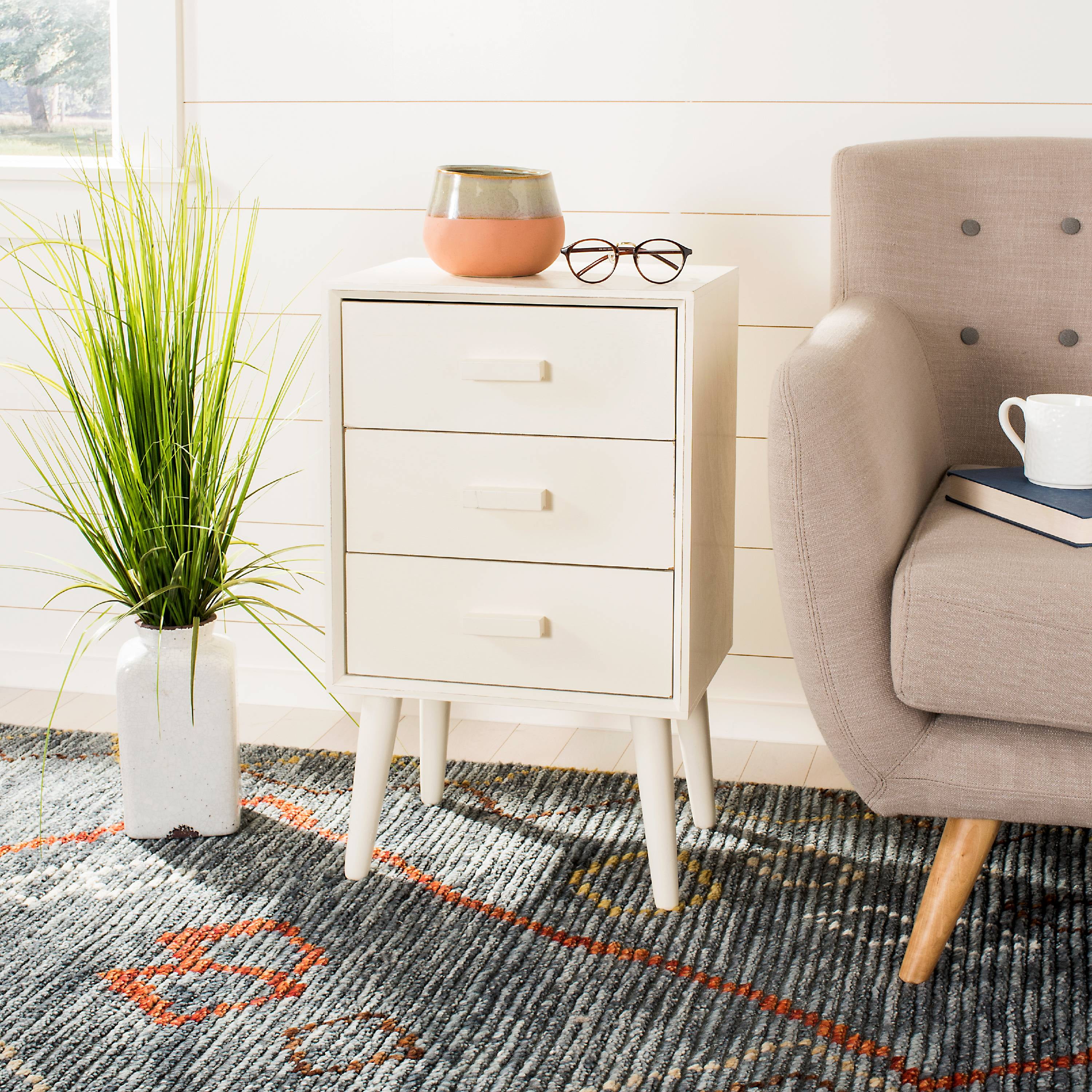Pomona Antique White Mid-Century 3-Drawer Transitional Accent Table