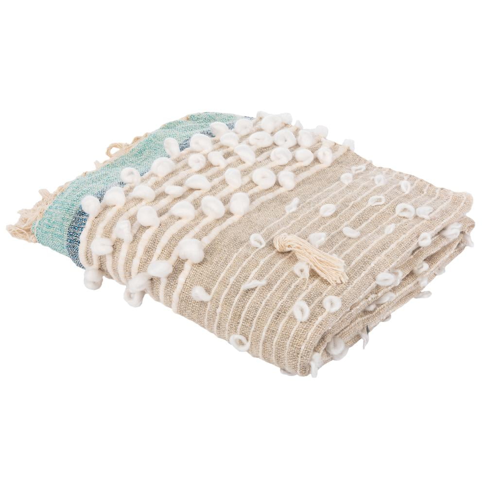 Beige and Blue Reversible Wool Throw Blanket
