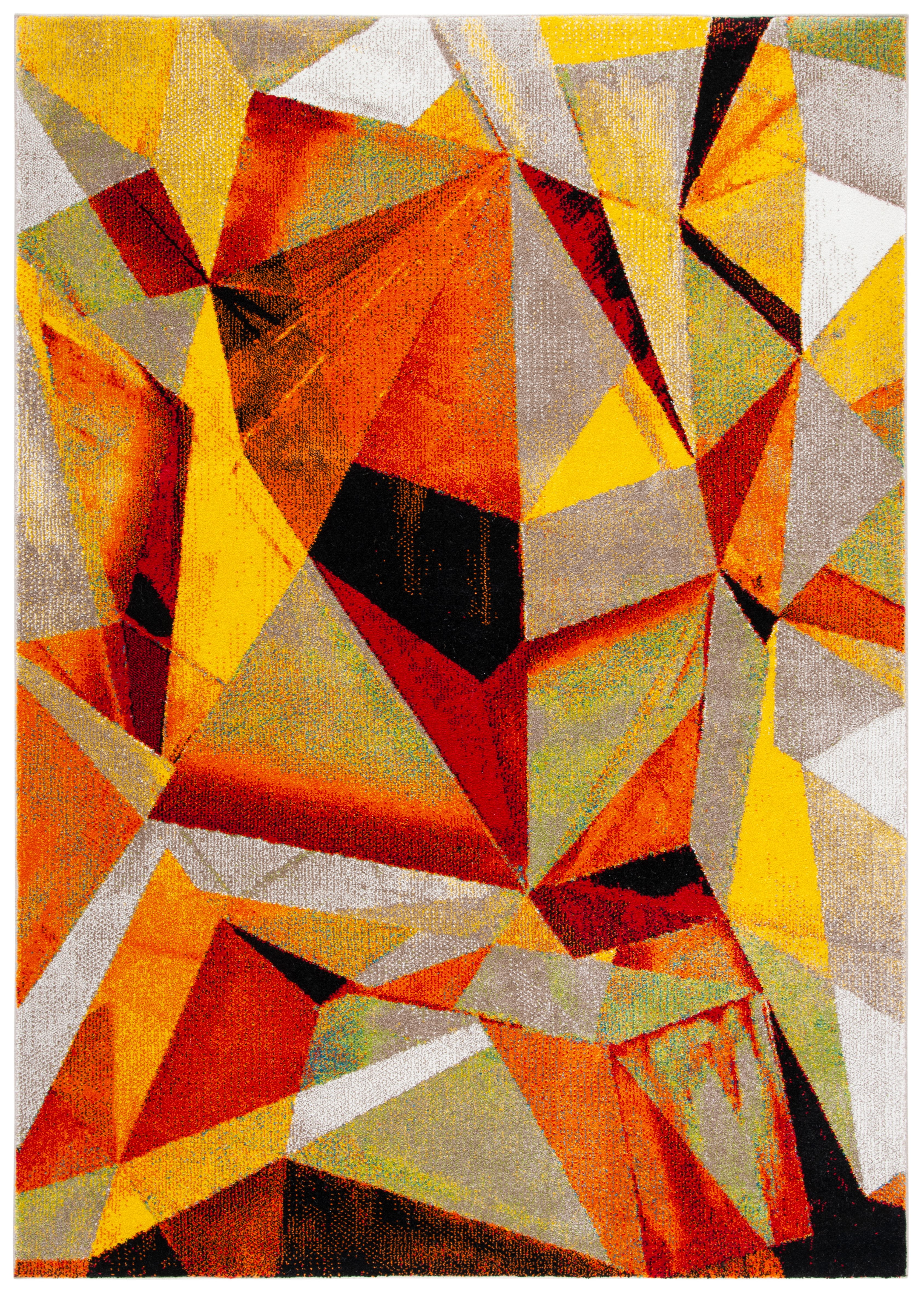 Red and Orange Geometric Floral Synthetic Area Rug