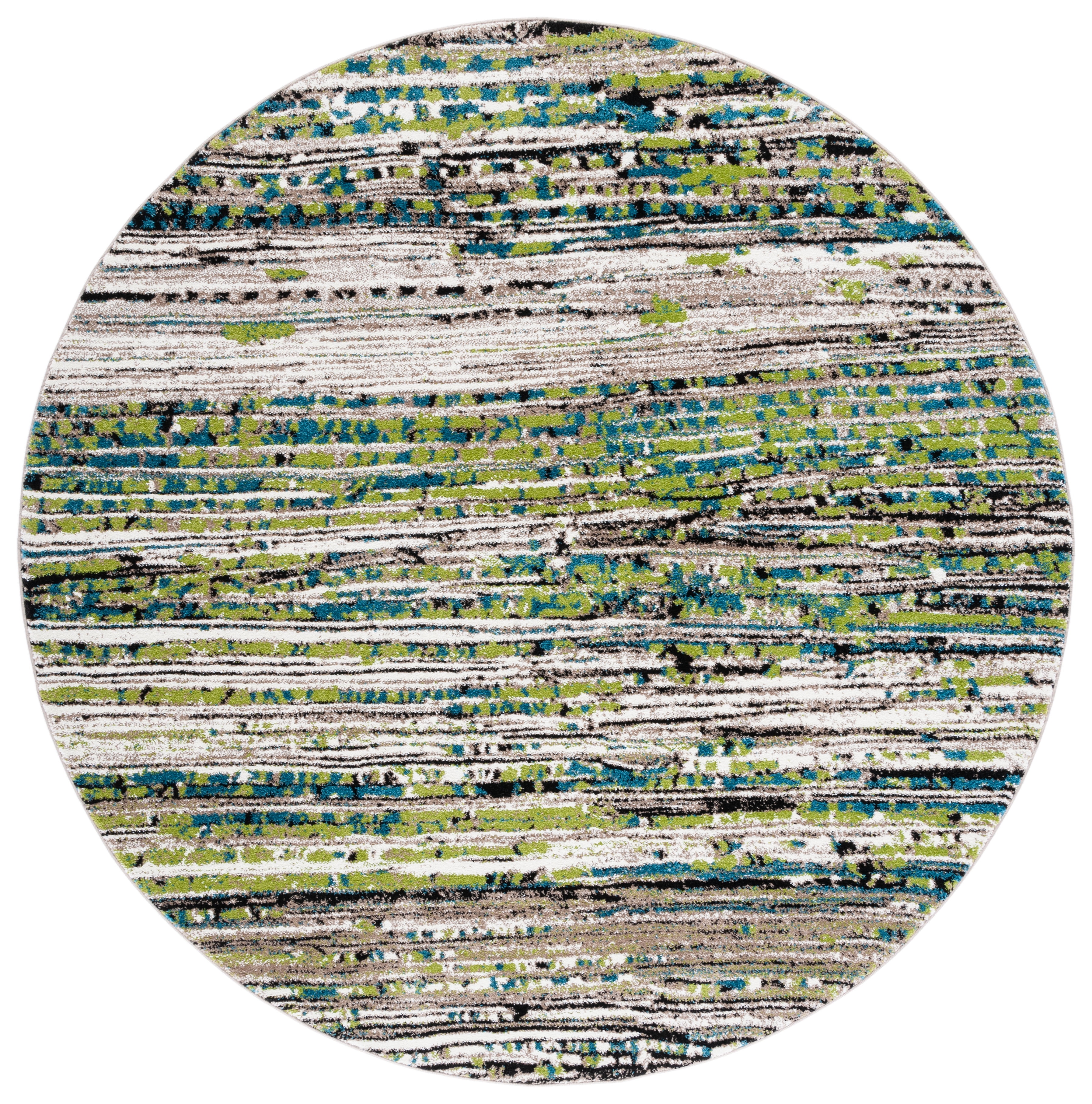 Cream and Green Round Floral Synthetic Area Rug
