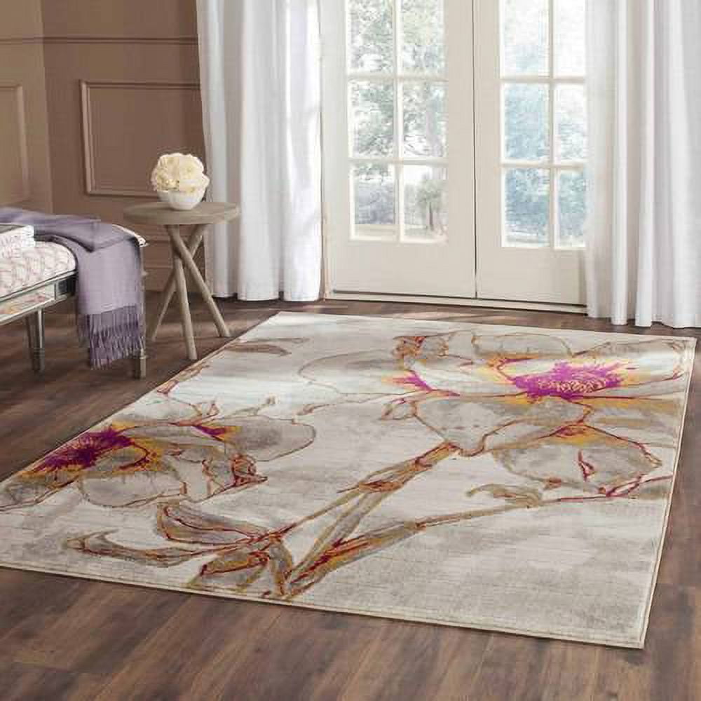 Ivory and Grey Floral Synthetic Area Rug 4'1" x 6'