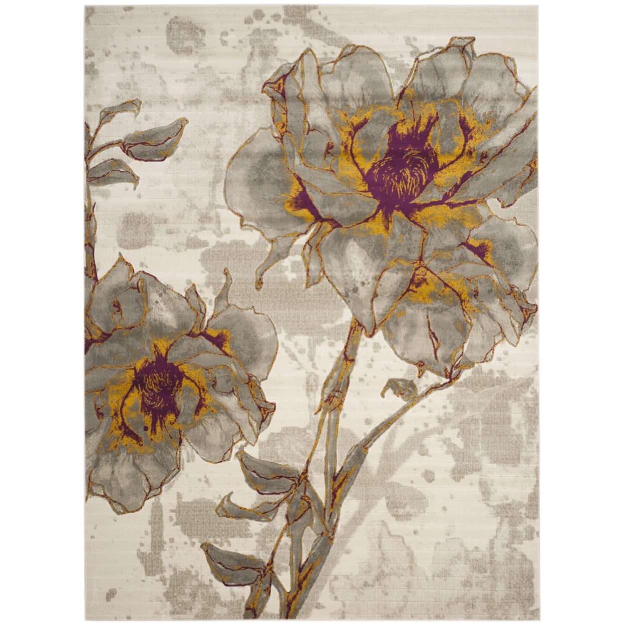 Ivory and Grey Floral Synthetic Area Rug 4'1" x 6'