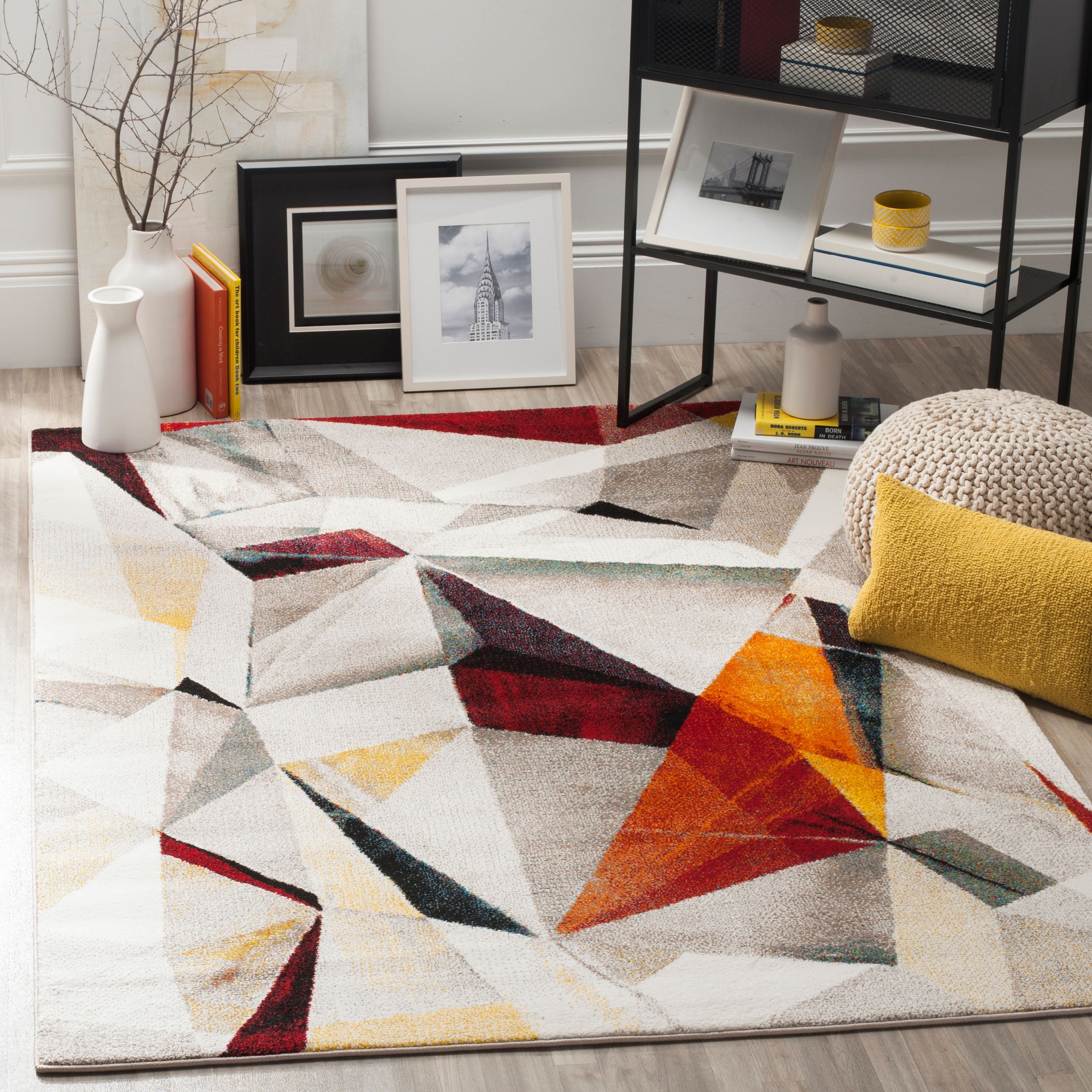 SAFAVIEH Porcello Karenza Abstract Prism Area Rug, Light Grey/Orange, 2'7" x 5'